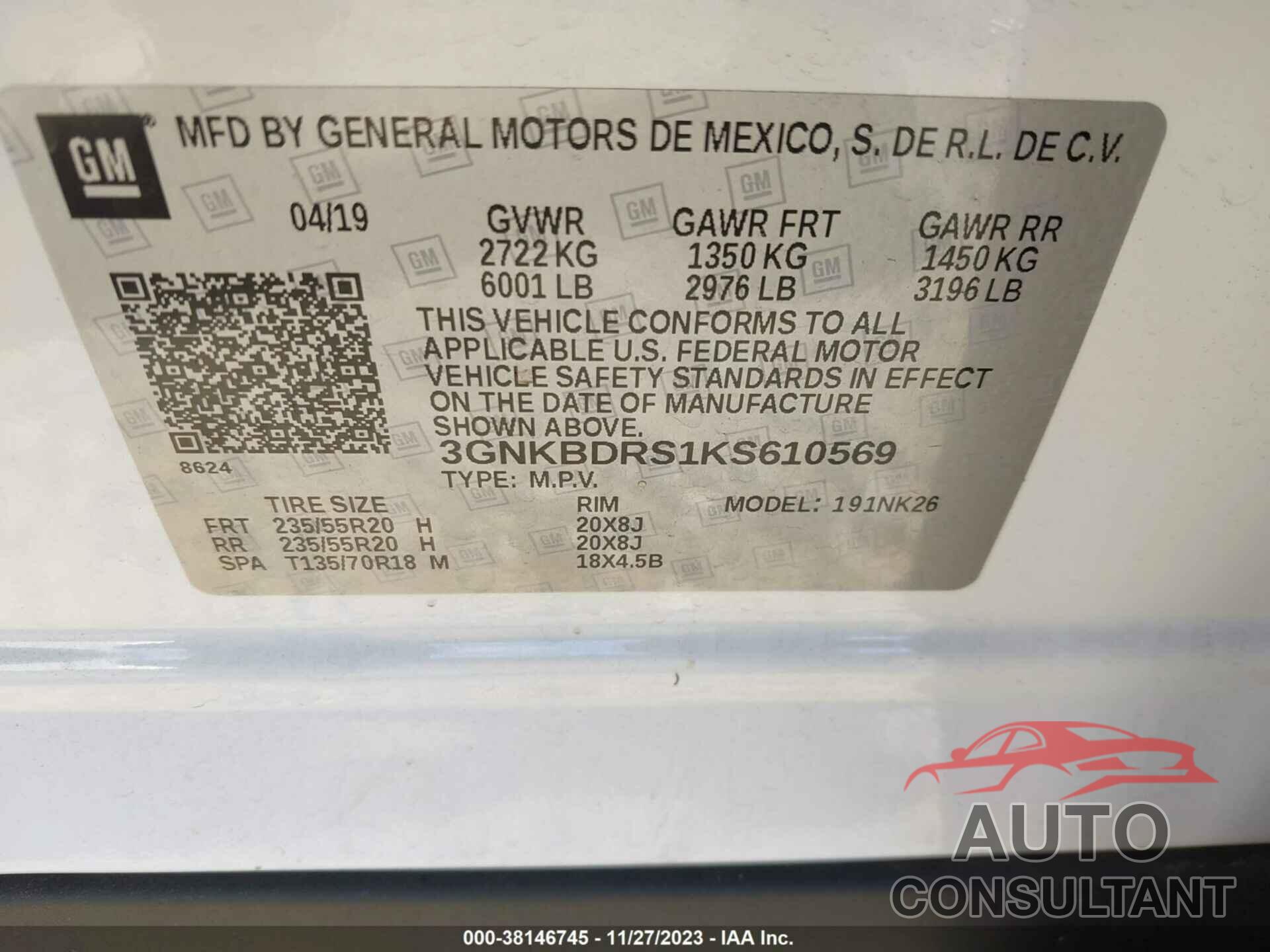 CHEVROLET BLAZER 2019 - 3GNKBDRS1KS610569