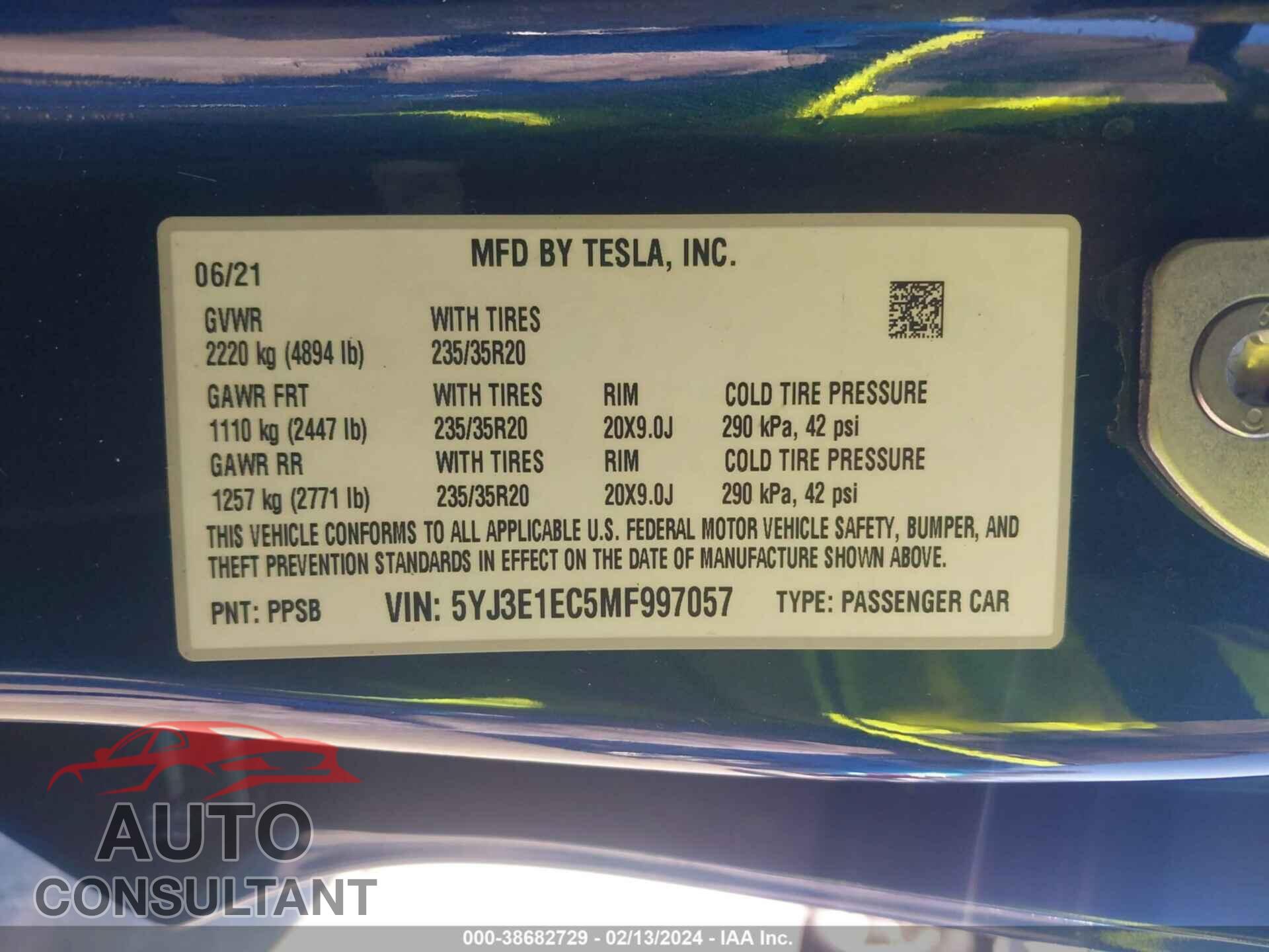 TESLA MODEL 3 2021 - 5YJ3E1EC5MF997057
