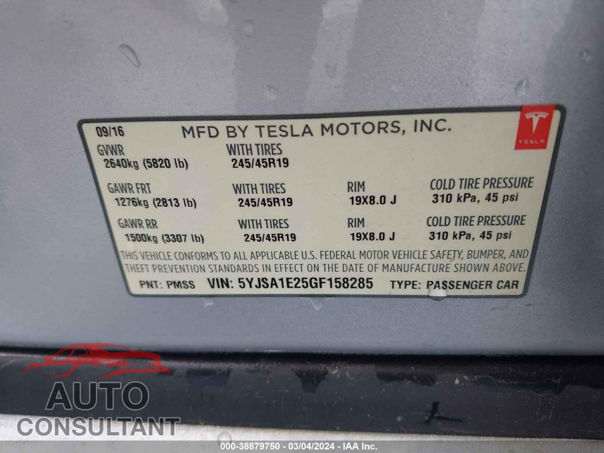 TESLA MODEL S 2016 - 5YJSA1E25GF158285