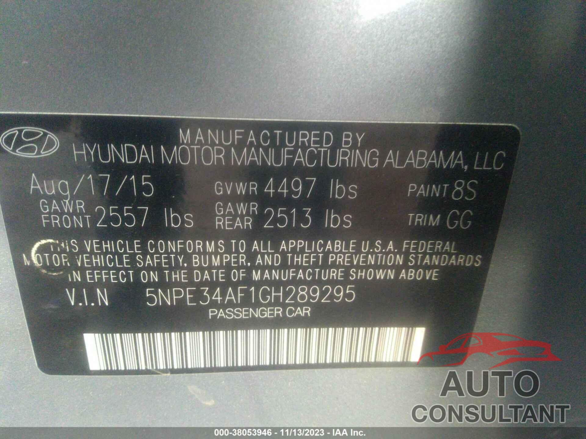 HYUNDAI SONATA 2016 - 5NPE34AF1GH289295