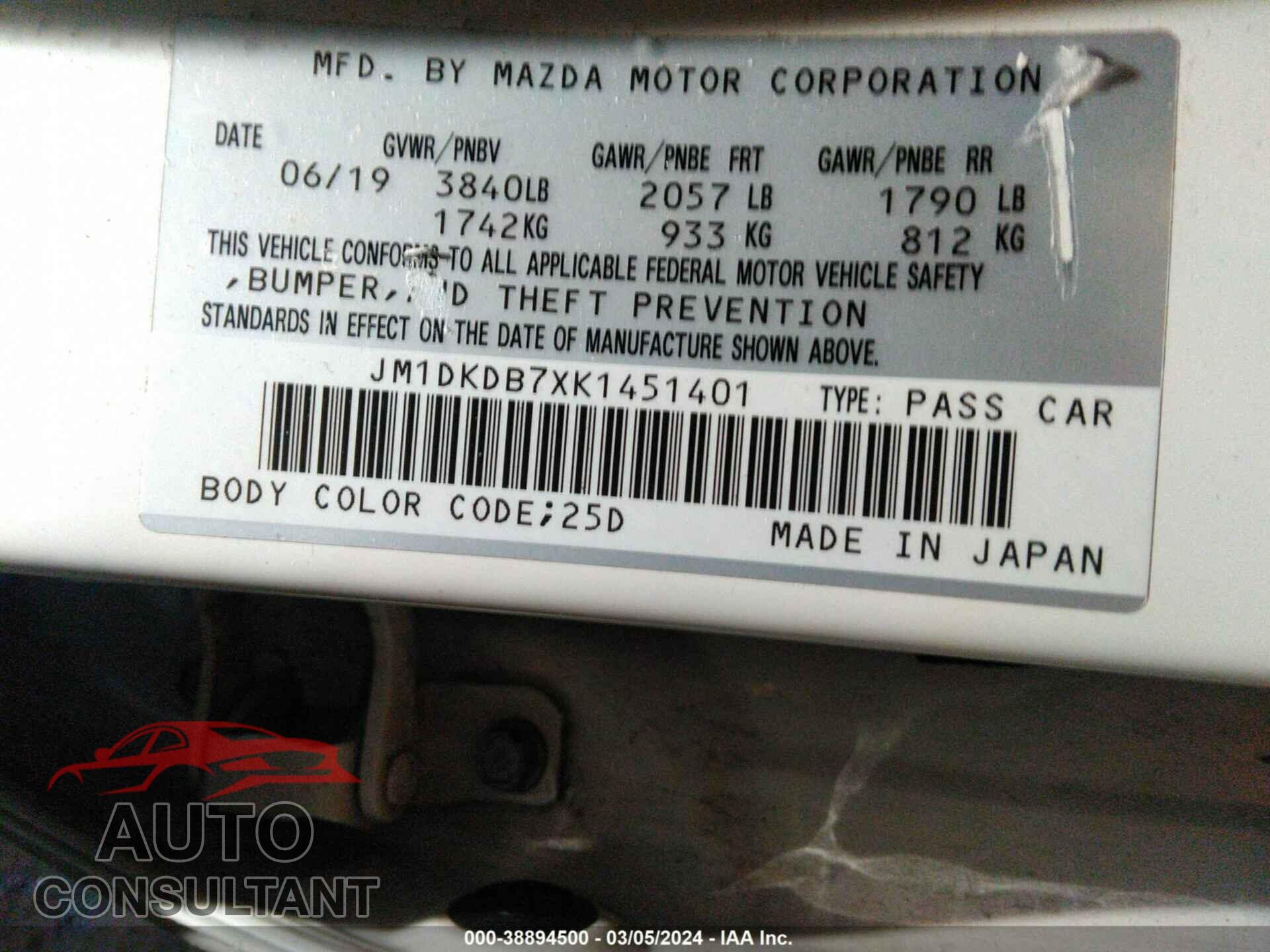 MAZDA CX-3 2019 - JM1DKDB7XK1451401