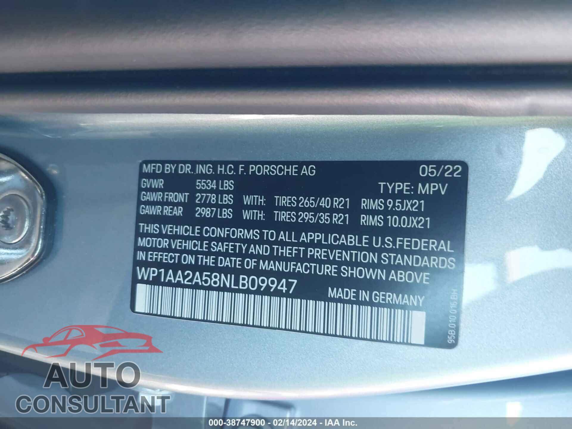 PORSCHE MACAN 2022 - WP1AA2A58NLB09947