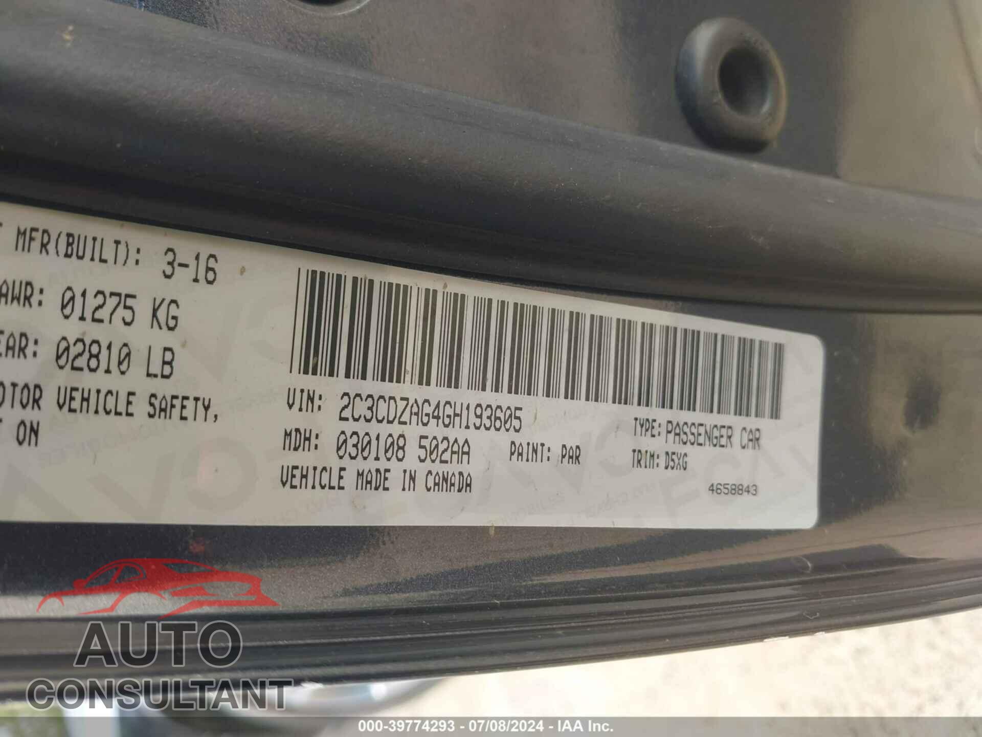 DODGE CHALLENGER 2016 - 2C3CDZAG4GH193605