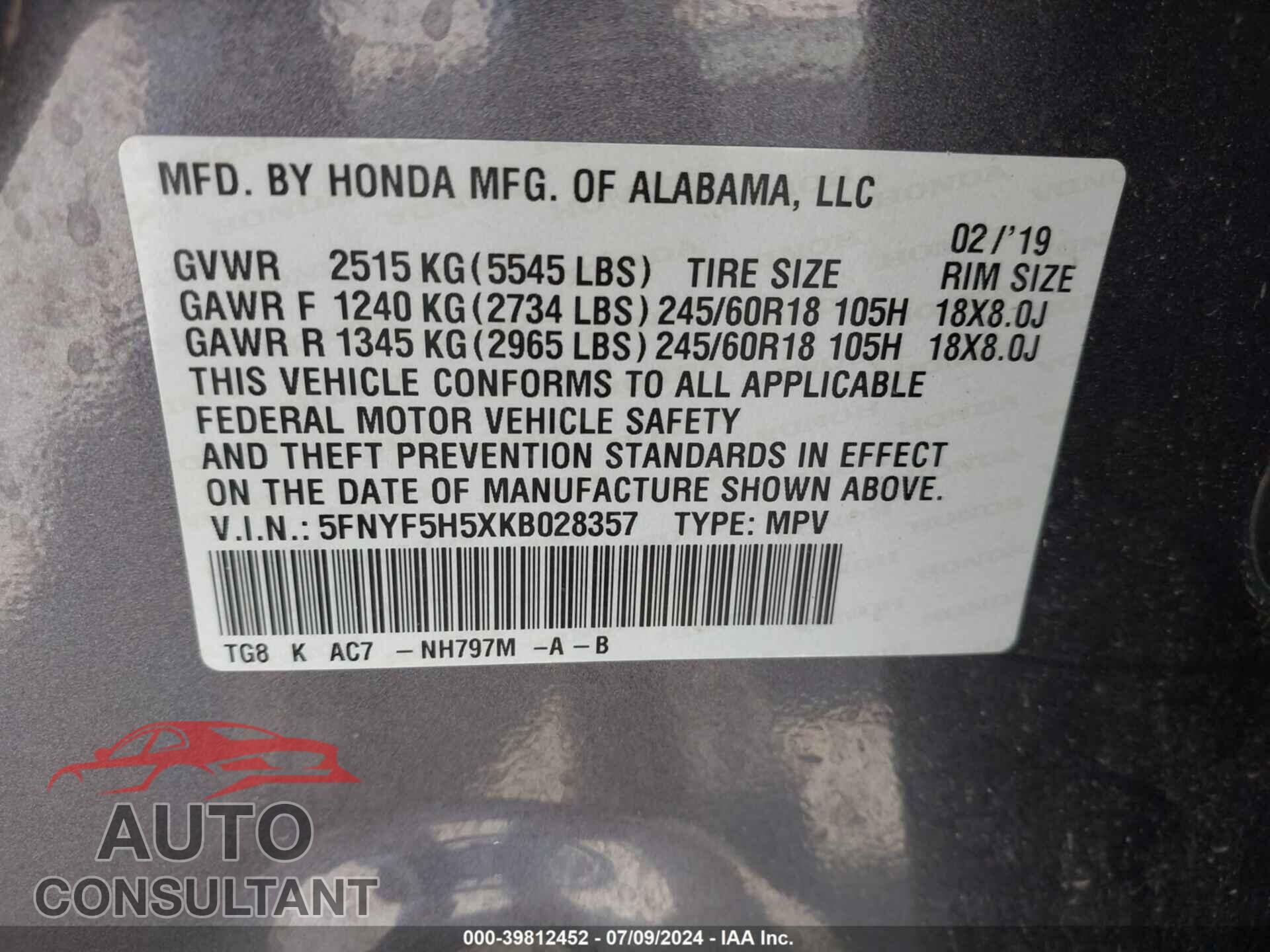 HONDA PILOT 2019 - 5FNYF5H5XKB028357