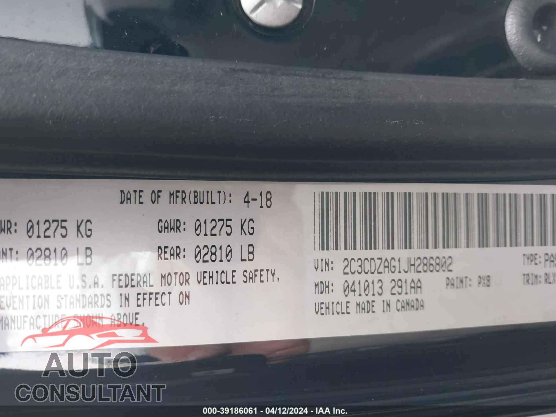 DODGE CHALLENGER 2018 - 2C3CDZAG1JH286802
