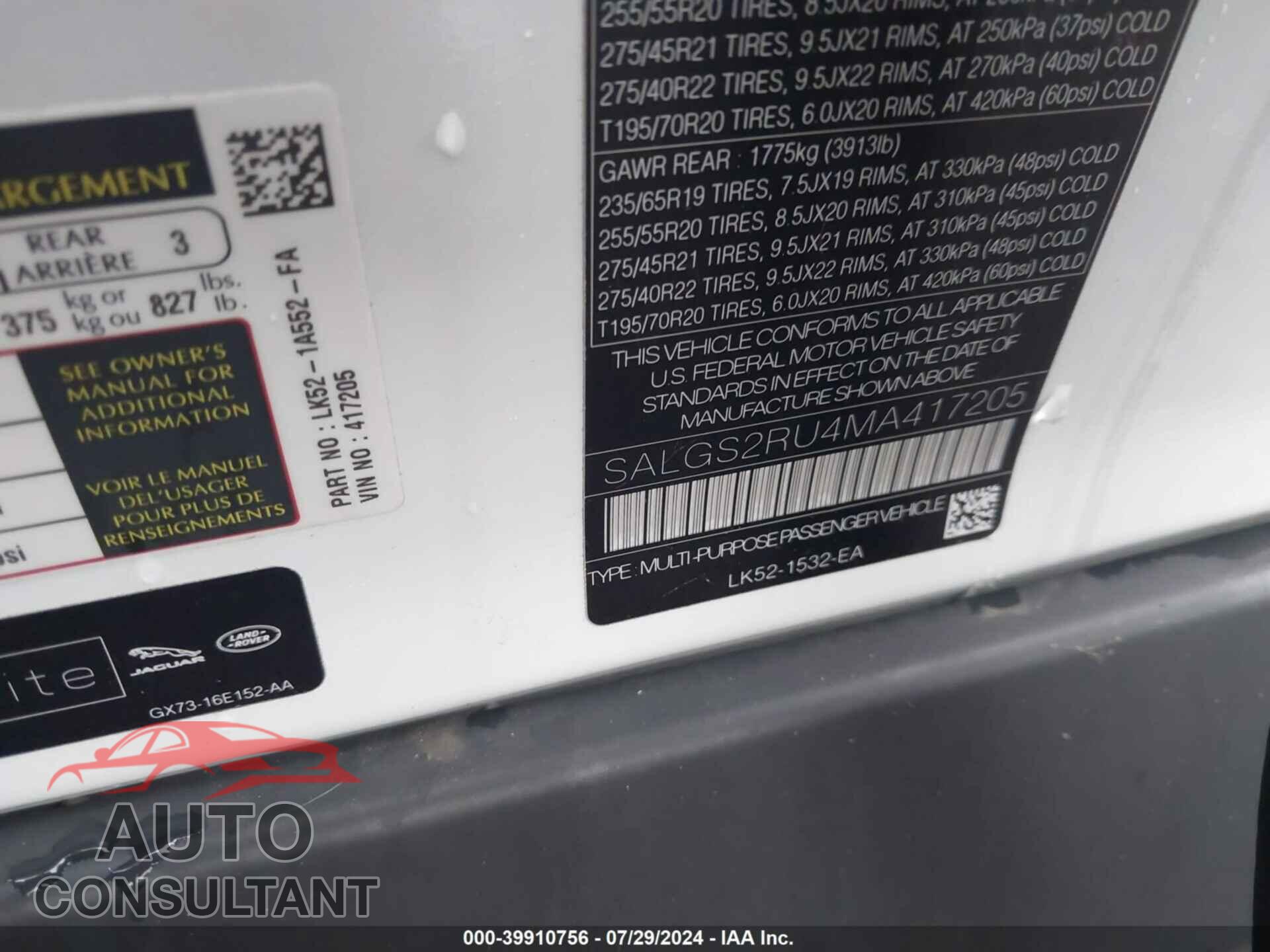 LAND ROVER RANGE ROVER 2021 - SALGS2RU4MA417205