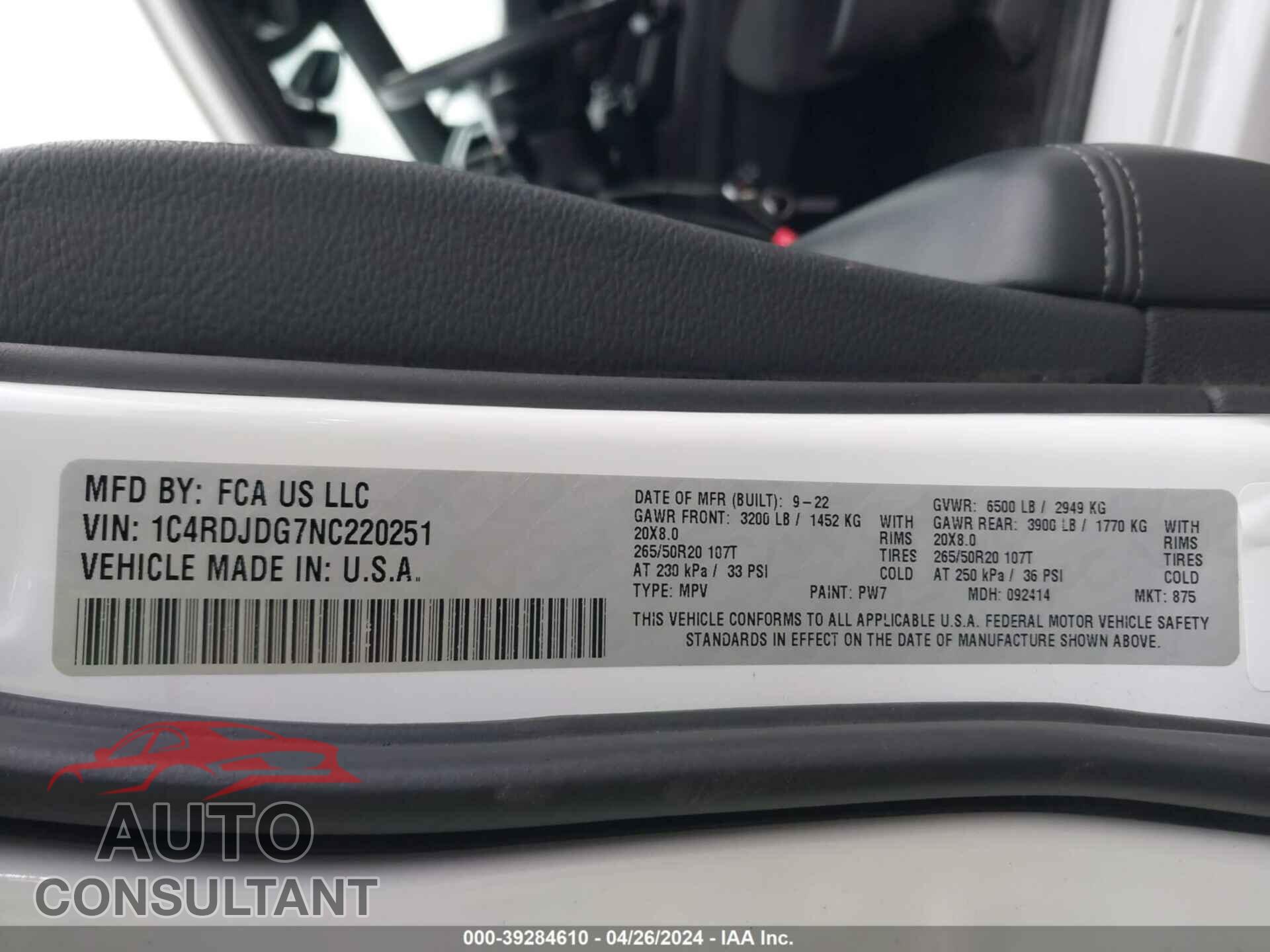 DODGE DURANGO 2022 - 1C4RDJDG7NC220251