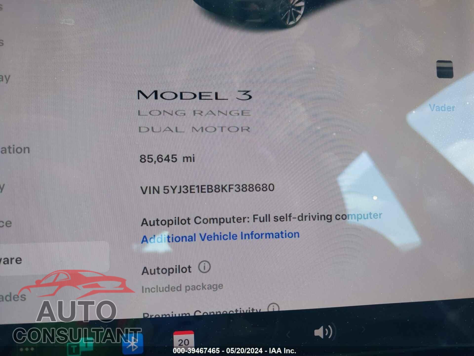 TESLA MODEL 3 2019 - 5YJ3E1EB8KF388680