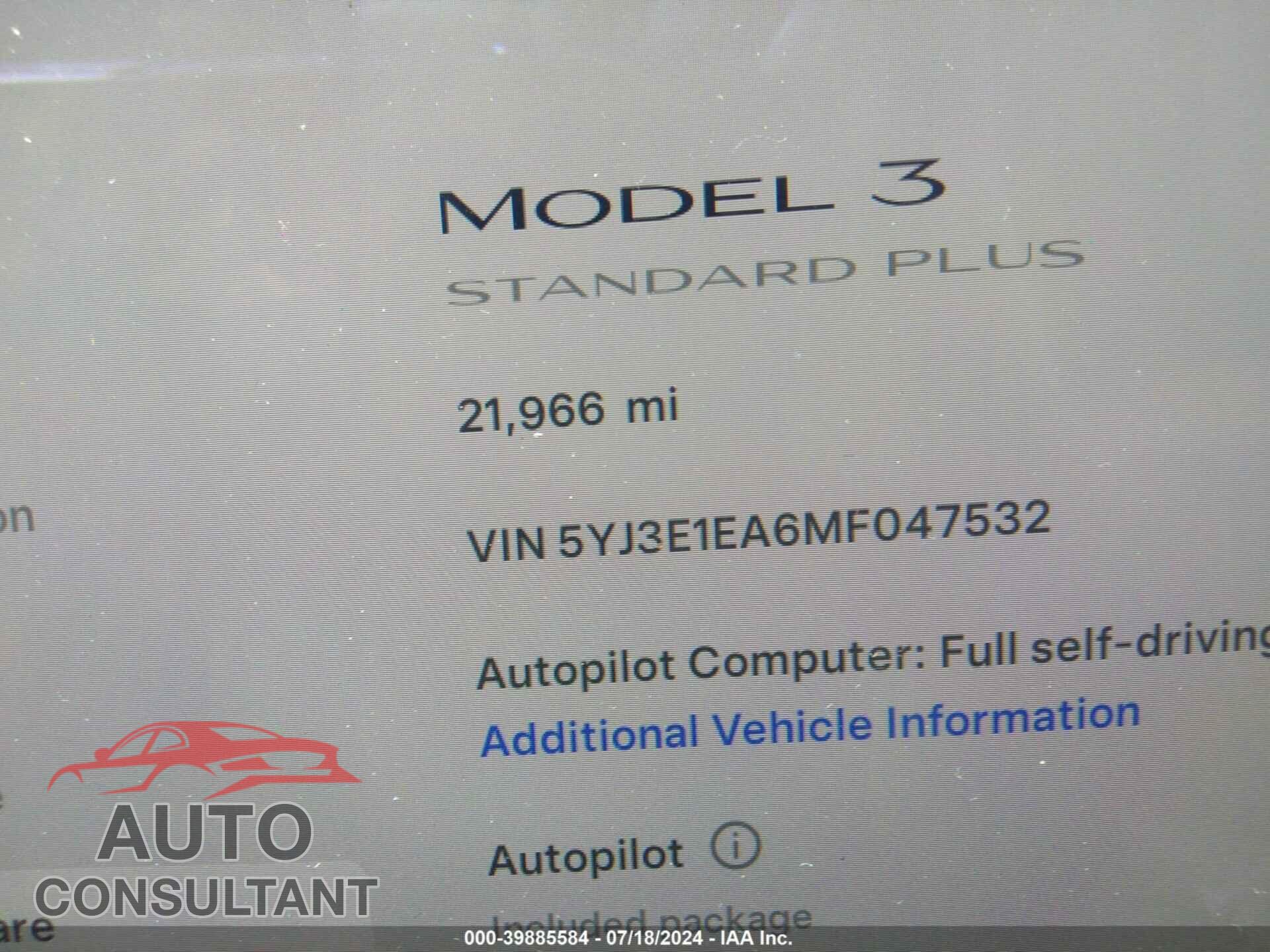 TESLA MODEL 3 2021 - 5YJ3E1EA6MF047532