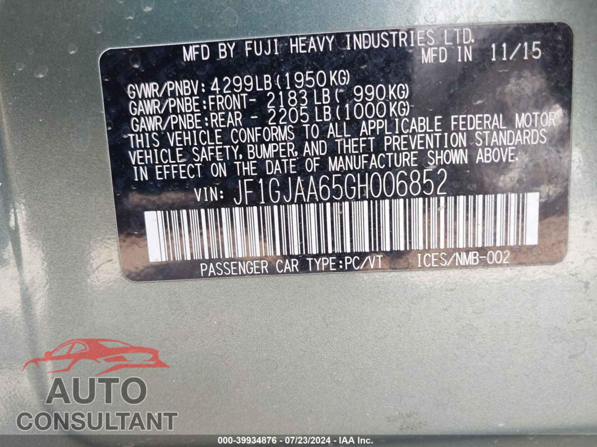 SUBARU IMPREZA 2016 - JF1GJAA65GH006852