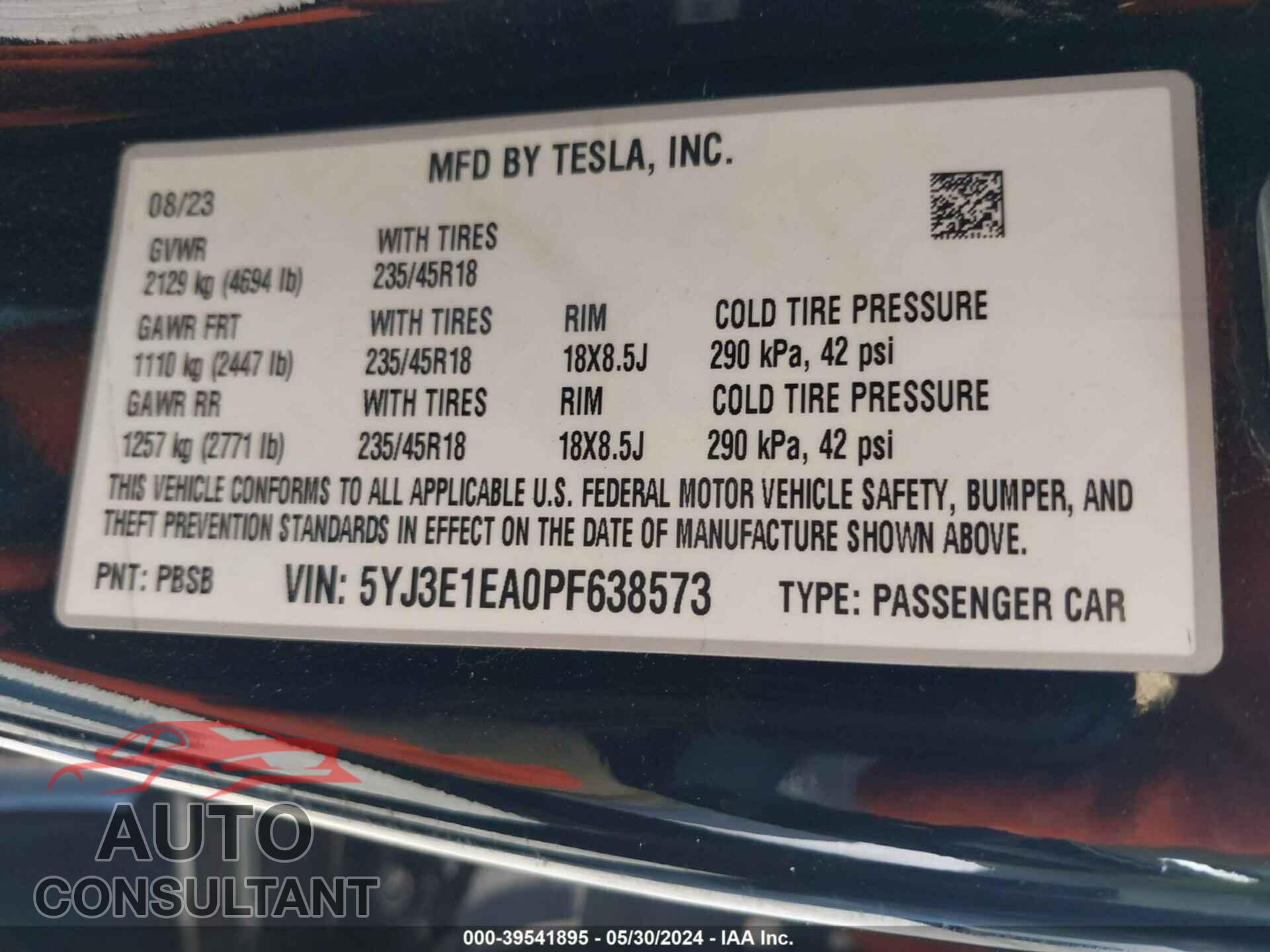 TESLA MODEL 3 2023 - 5YJ3E1EA0PF638573