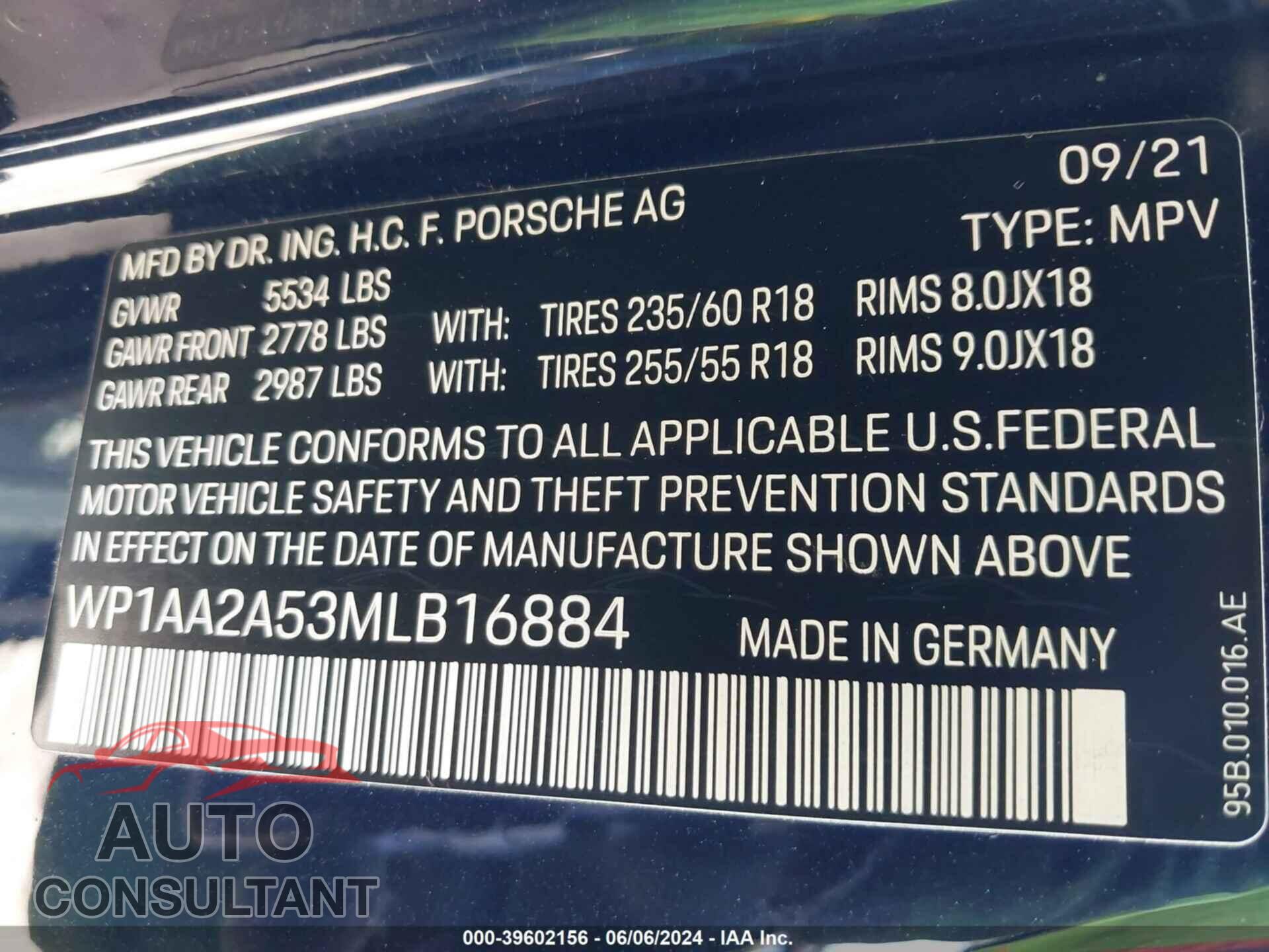 PORSCHE MACAN 2021 - WP1AA2A53MLB16884