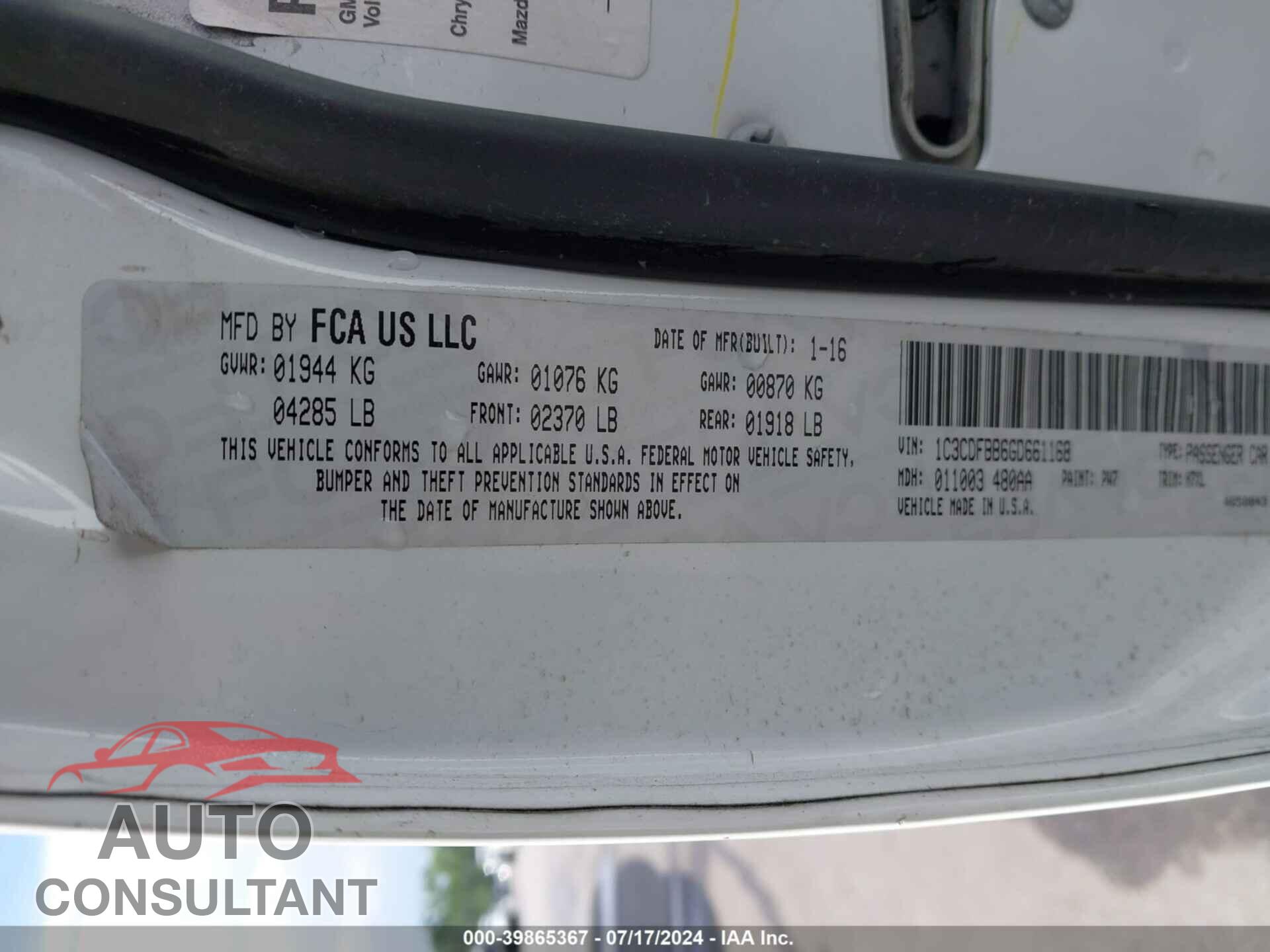 DODGE DART 2016 - 1C3CDFBB6GD661168