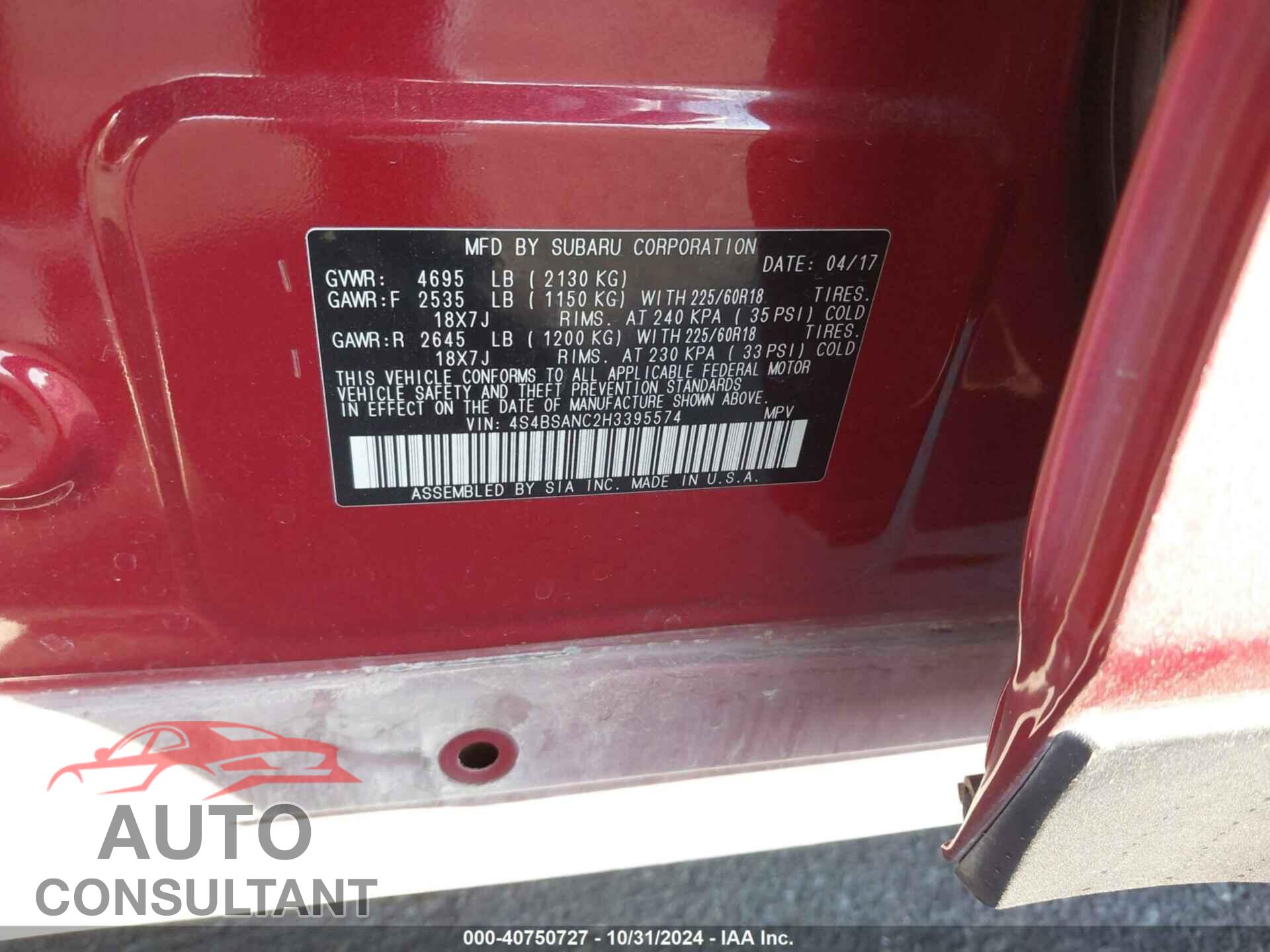 SUBARU OUTBACK 2017 - 4S4BSANC2H3395574