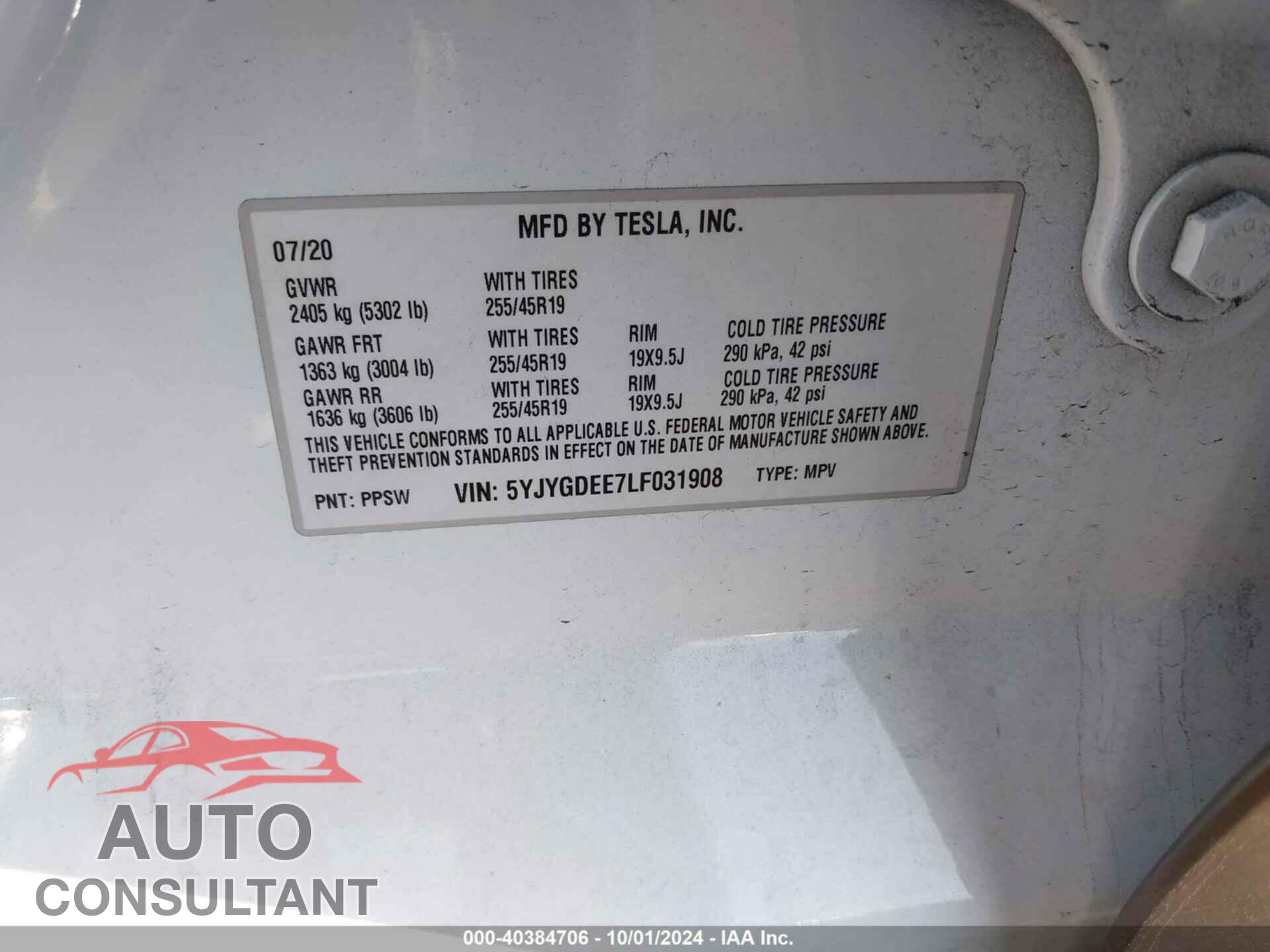 TESLA MODEL Y 2020 - 5YJYGDEE7LF031908