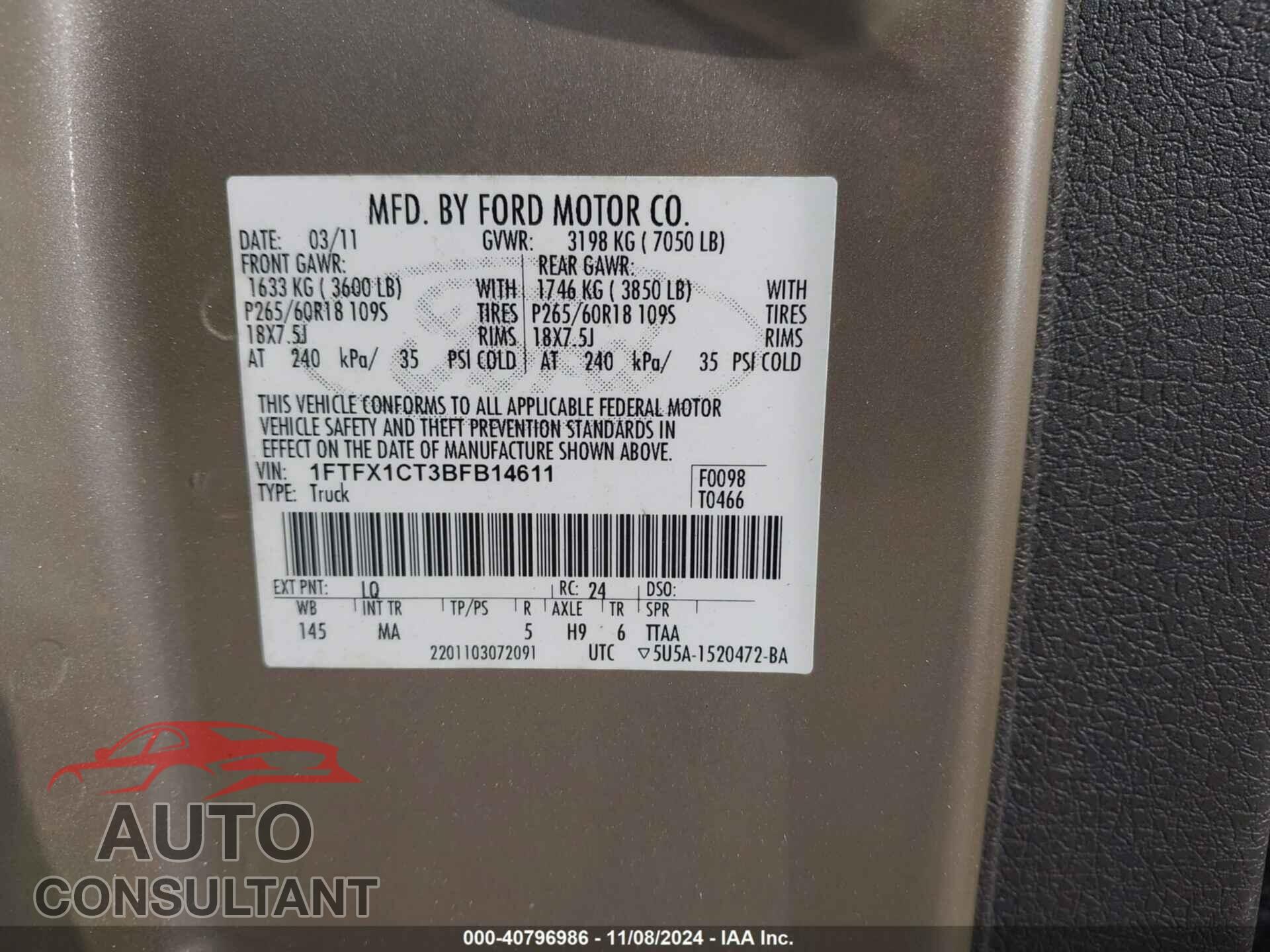 FORD F-150 2011 - 1FTFX1CT3BFB14611