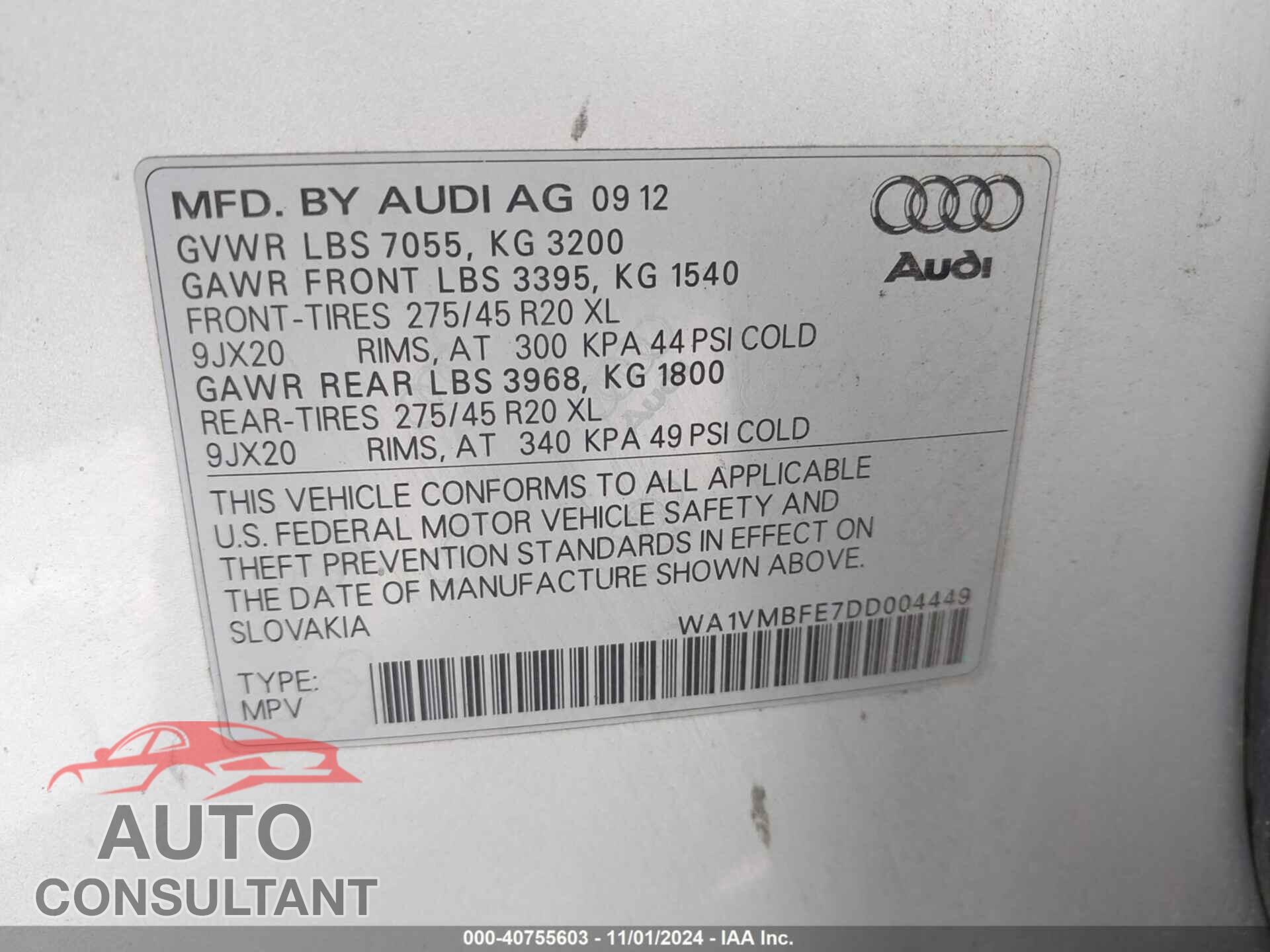 AUDI Q7 2013 - WA1VMBFE7DD004449