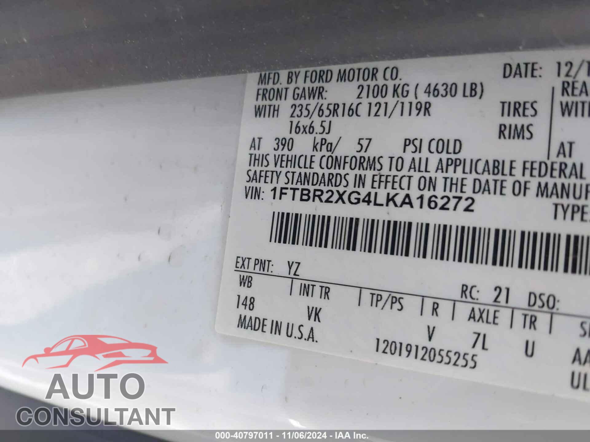 FORD TRANSIT-250 CARGO VAN 2020 - 1FTBR2XG4LKA16272
