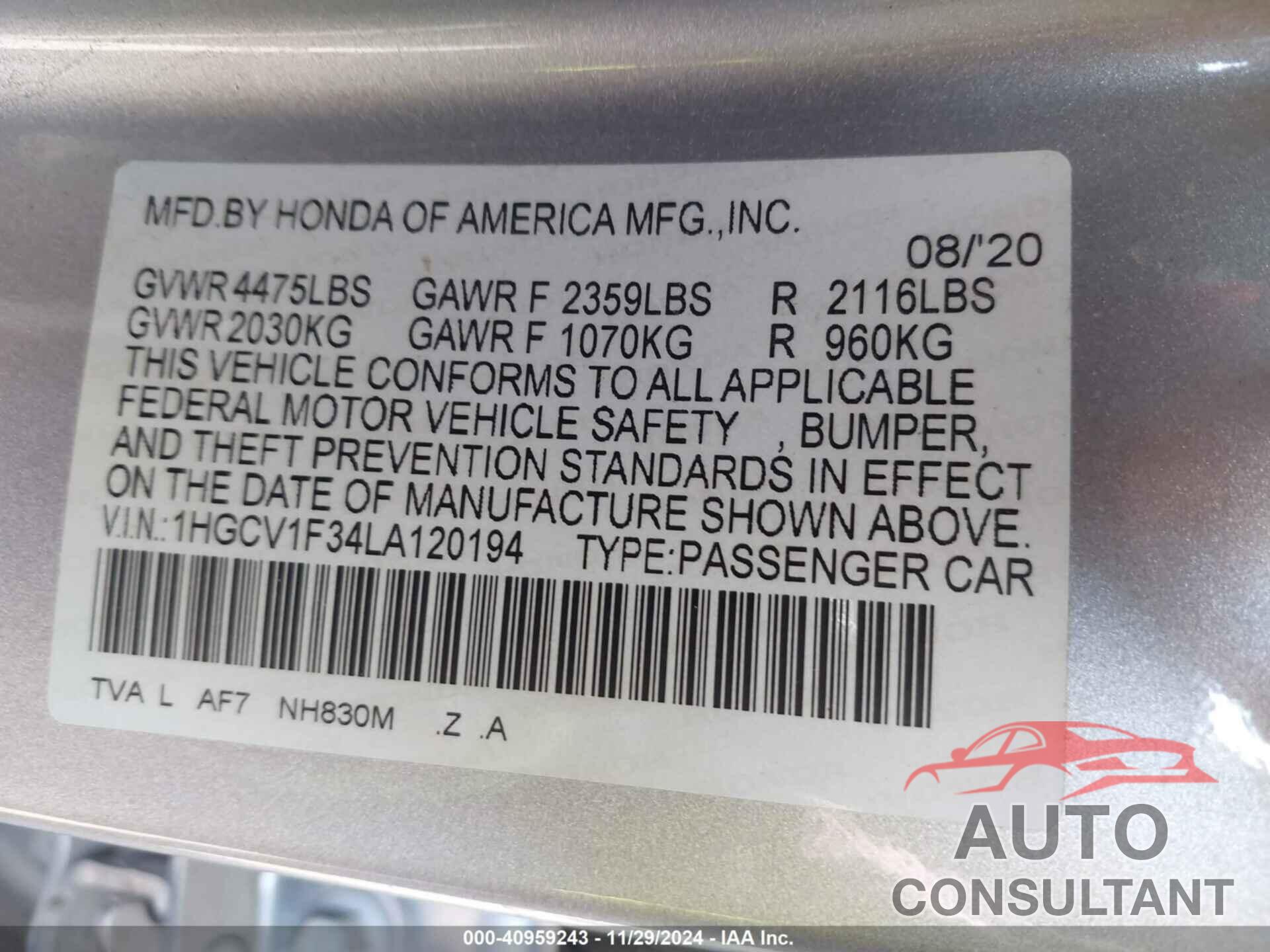 HONDA ACCORD 2020 - 1HGCV1F34LA120194