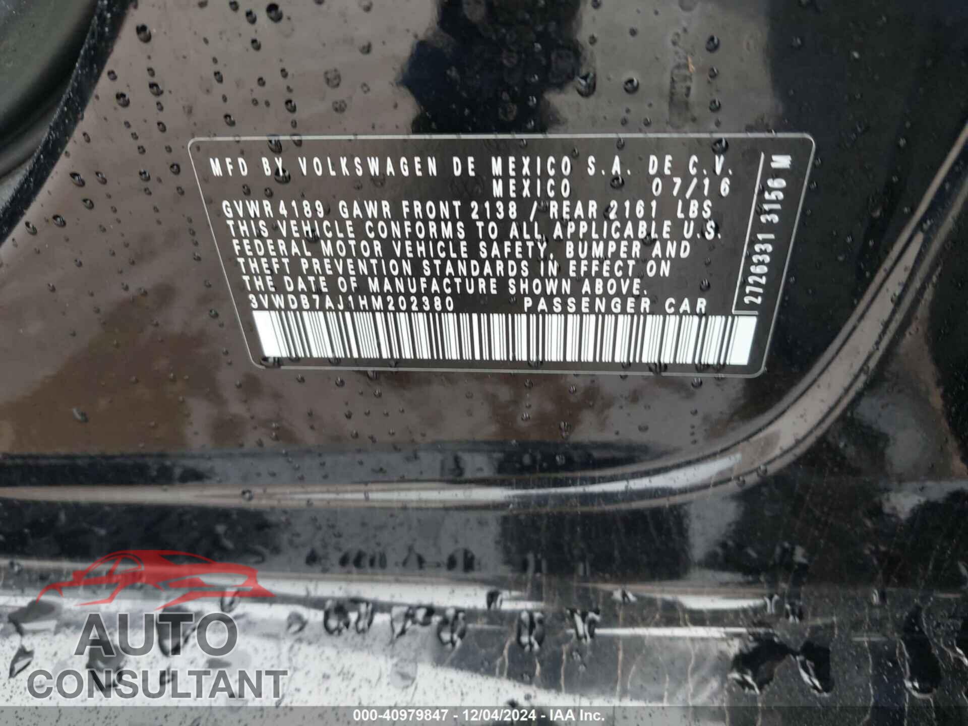 VOLKSWAGEN JETTA 2017 - 3VWDB7AJ1HM202380