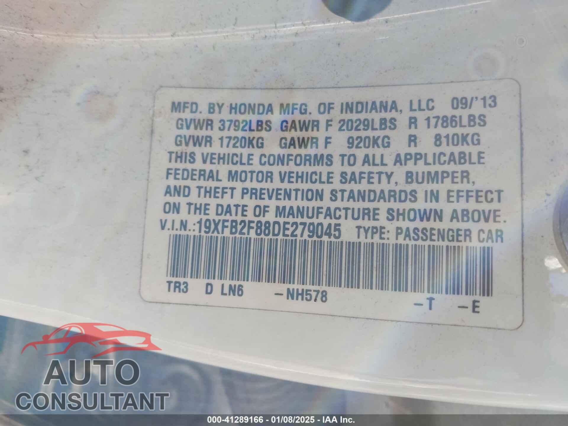 HONDA CIVIC 2013 - 19XFB2F88DE279045
