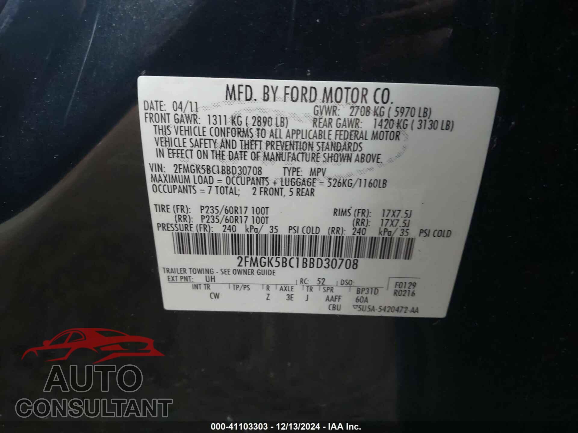 FORD FLEX 2011 - 2FMGK5BC1BBD30708