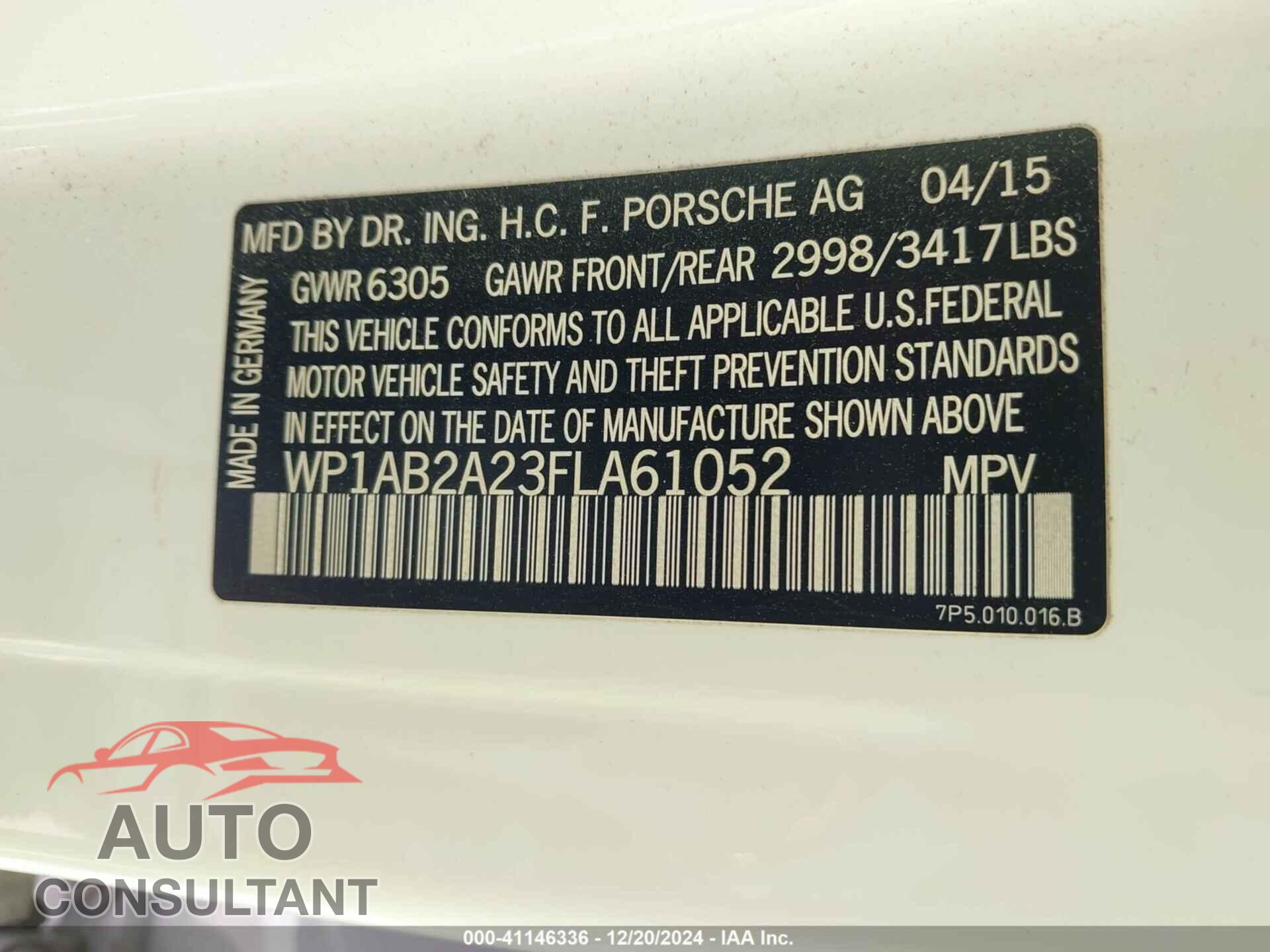 PORSCHE CAYENNE 2015 - WP1AB2A23FLA61052