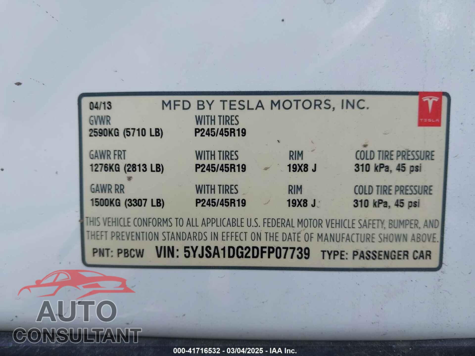 TESLA MODEL S 2013 - 5YJSA1DG2DFP07739