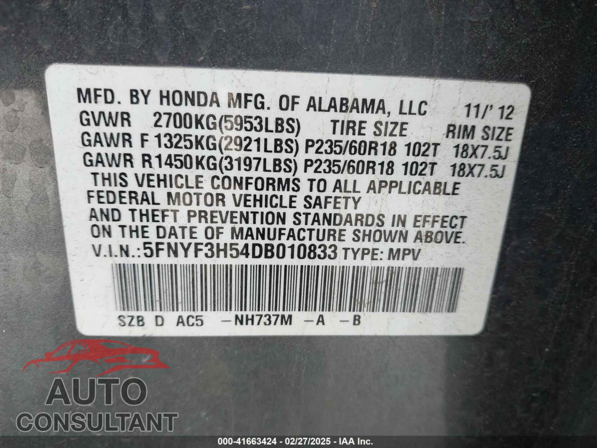 HONDA PILOT 2013 - 5FNYF3H54DB010833