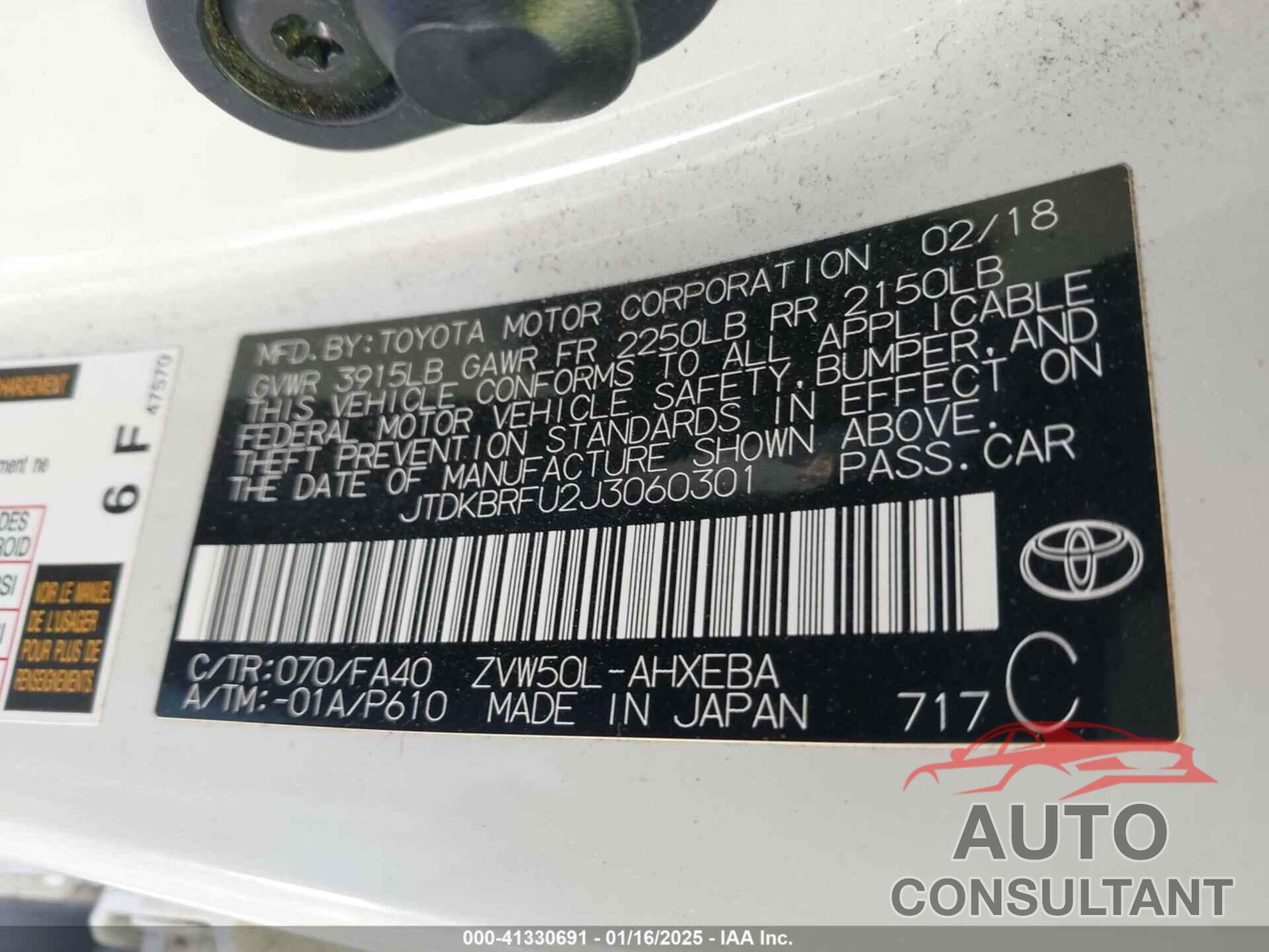 TOYOTA PRIUS 2018 - JTDKBRFU2J3060301