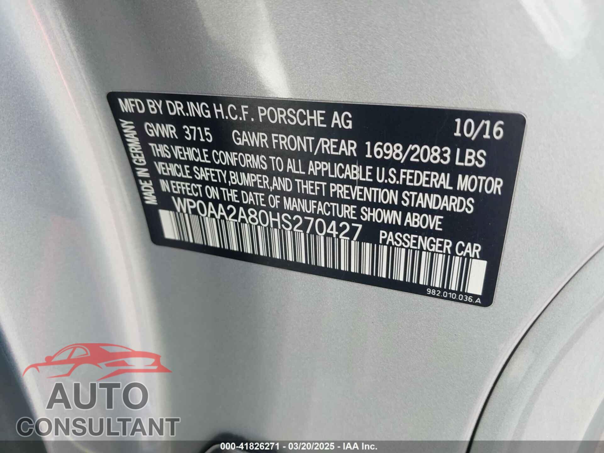 PORSCHE 718 CAYMAN 2017 - WP0AA2A80HS270427