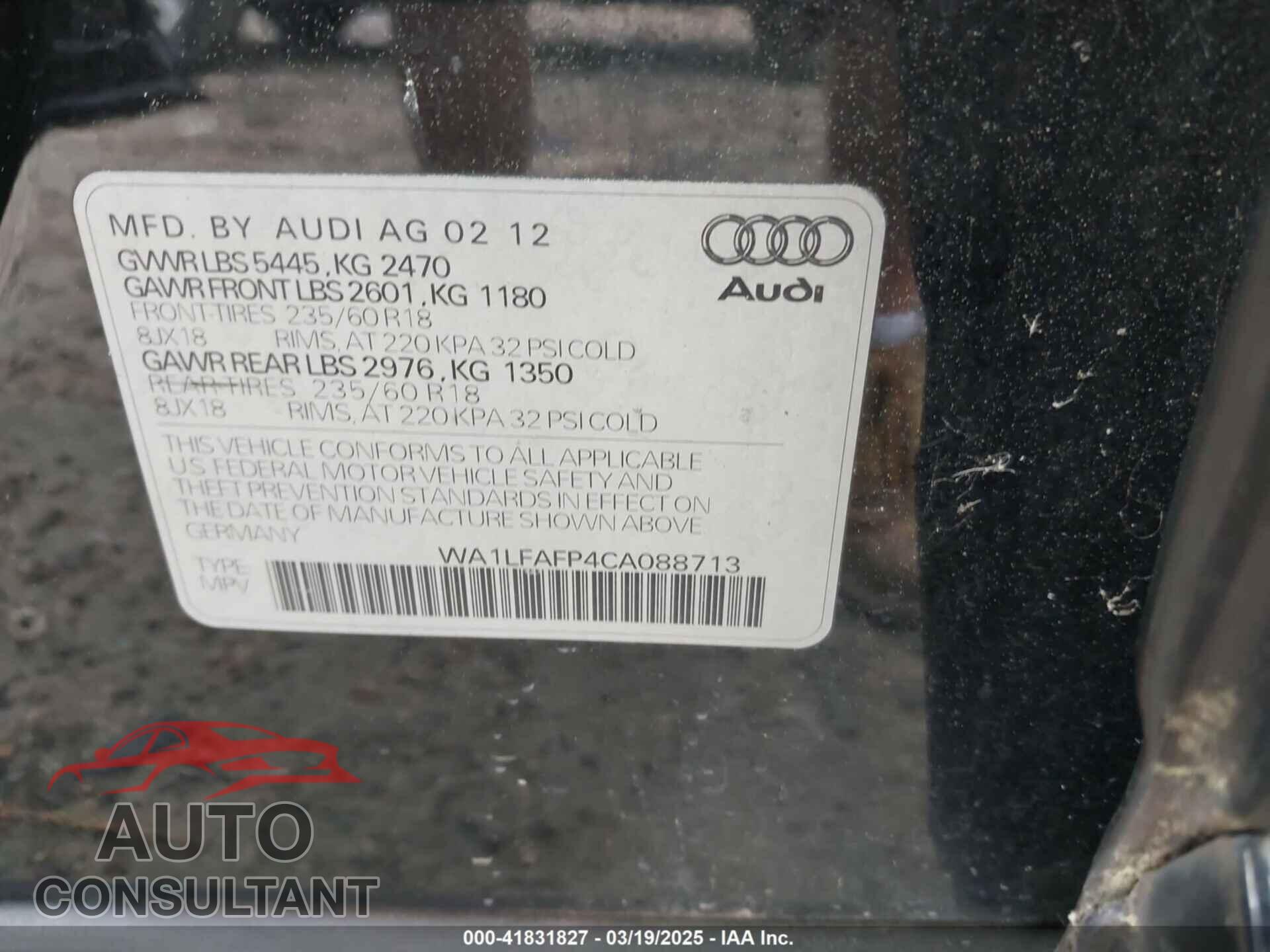 AUDI Q5 2012 - WA1LFAFP4CA088713