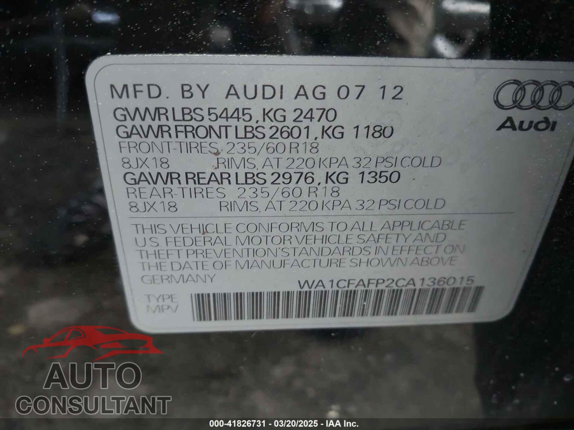 AUDI Q5 2012 - WA1CFAFP2CA136015