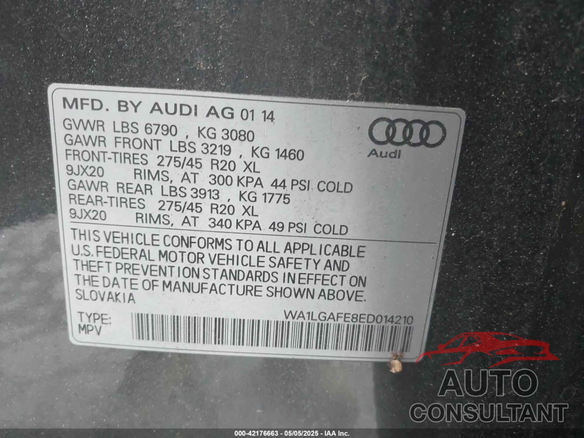 AUDI Q7 2014 - WA1LGAFE8ED014210