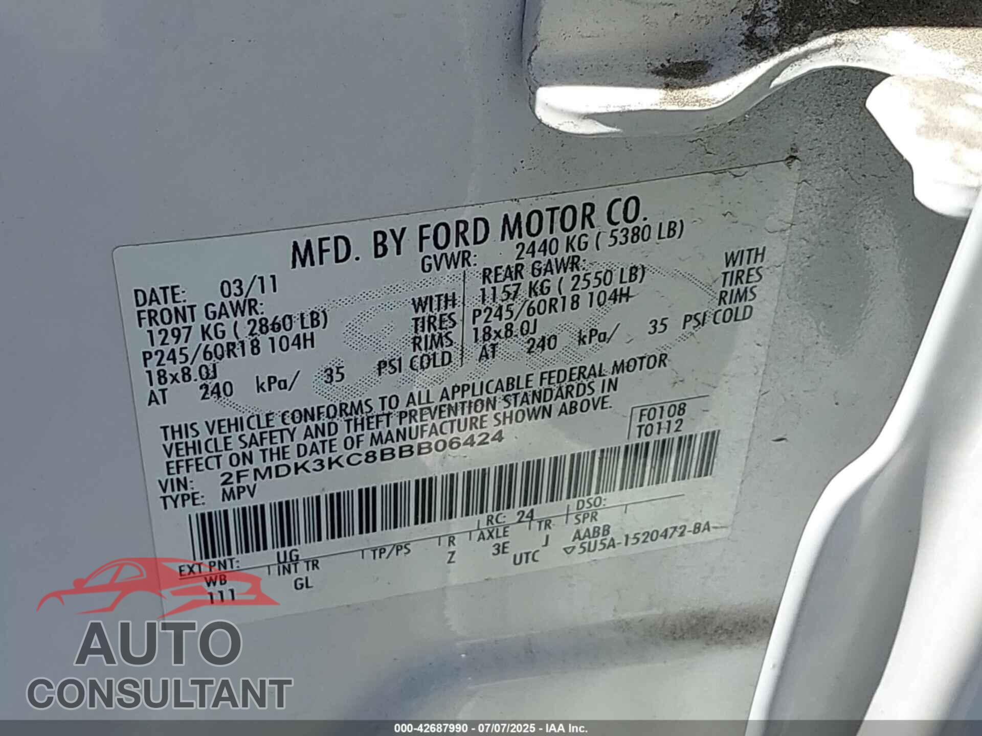 FORD EDGE 2011 - 2FMDK3KC8BBB06424
