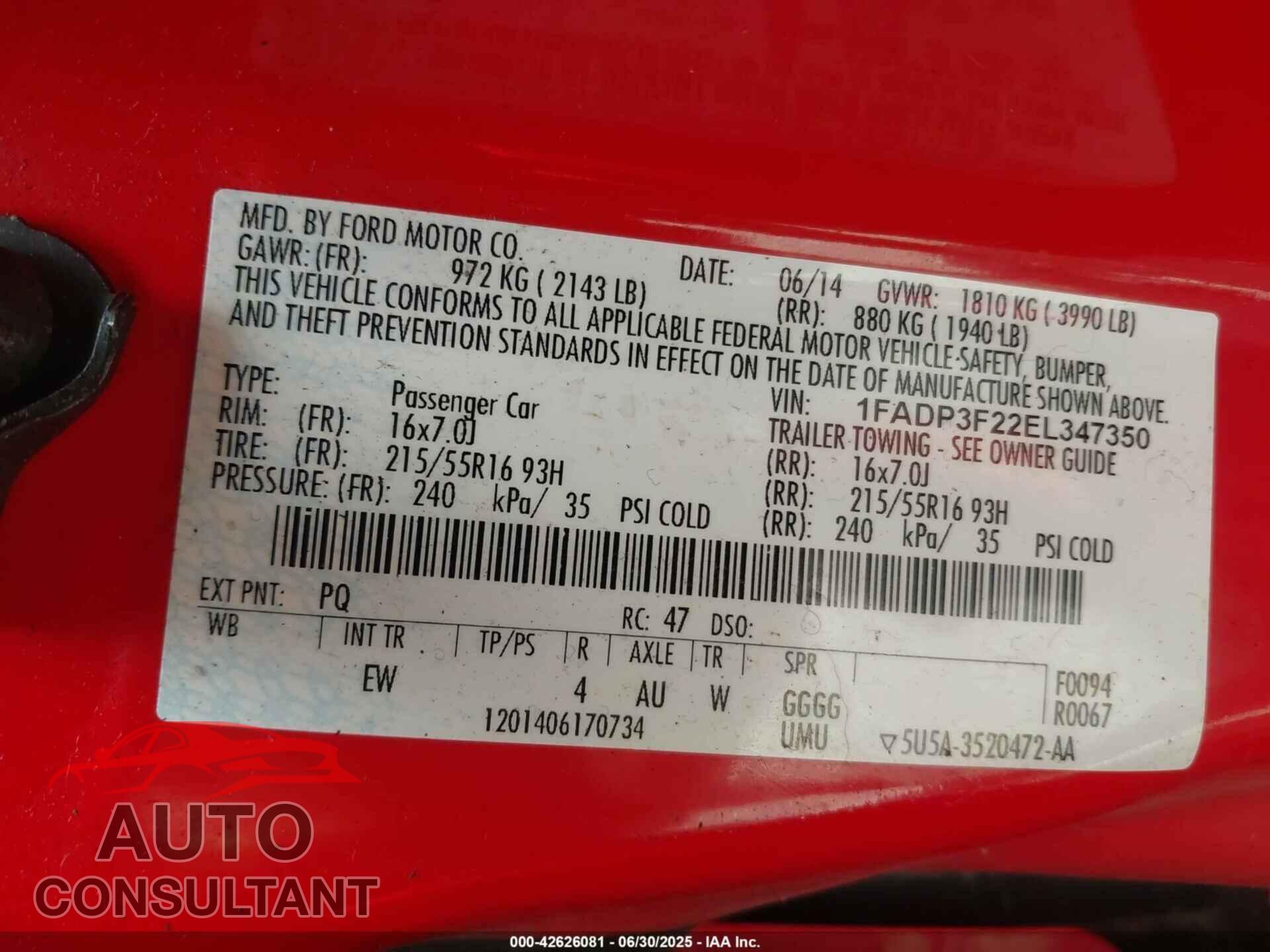 FORD FOCUS 2014 - 1FADP3F22EL347350