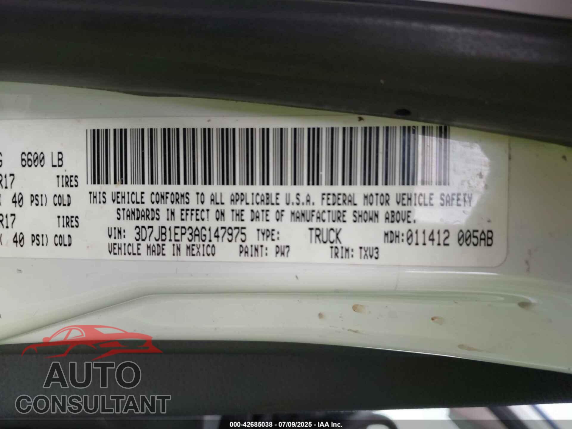 DODGE RAM 1500 2010 - 3D7JB1EP3AG147975