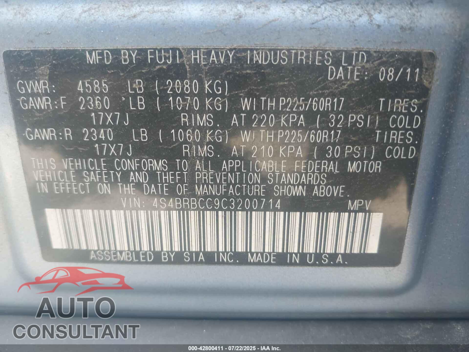 SUBARU OUTBACK 2012 - 4S4BRBCC9C3200714