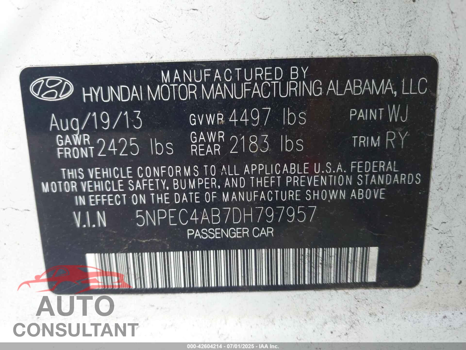 HYUNDAI SONATA 2013 - 5NPEC4AB7DH797957