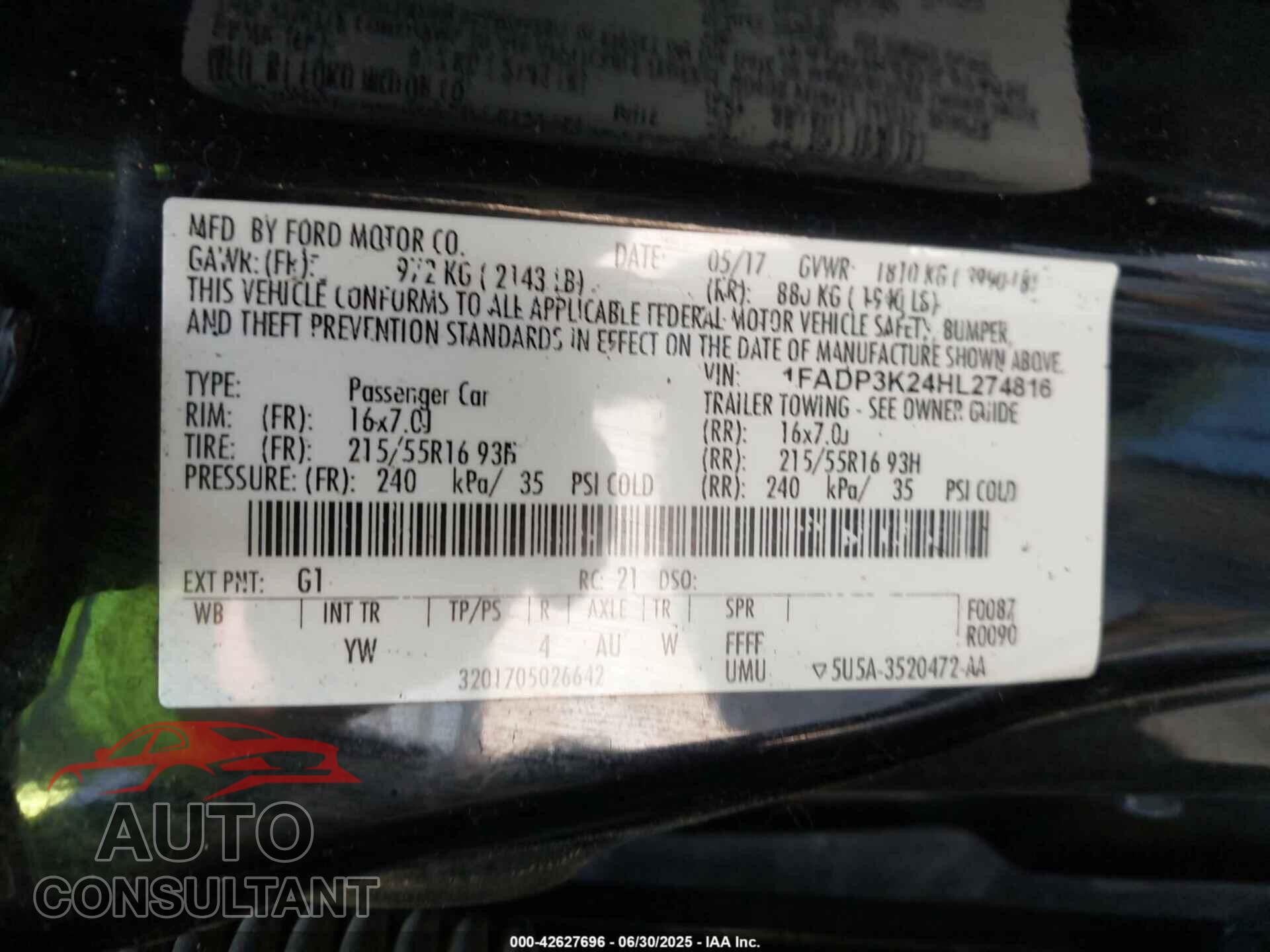 FORD FOCUS 2017 - 1FADP3K24HL274816