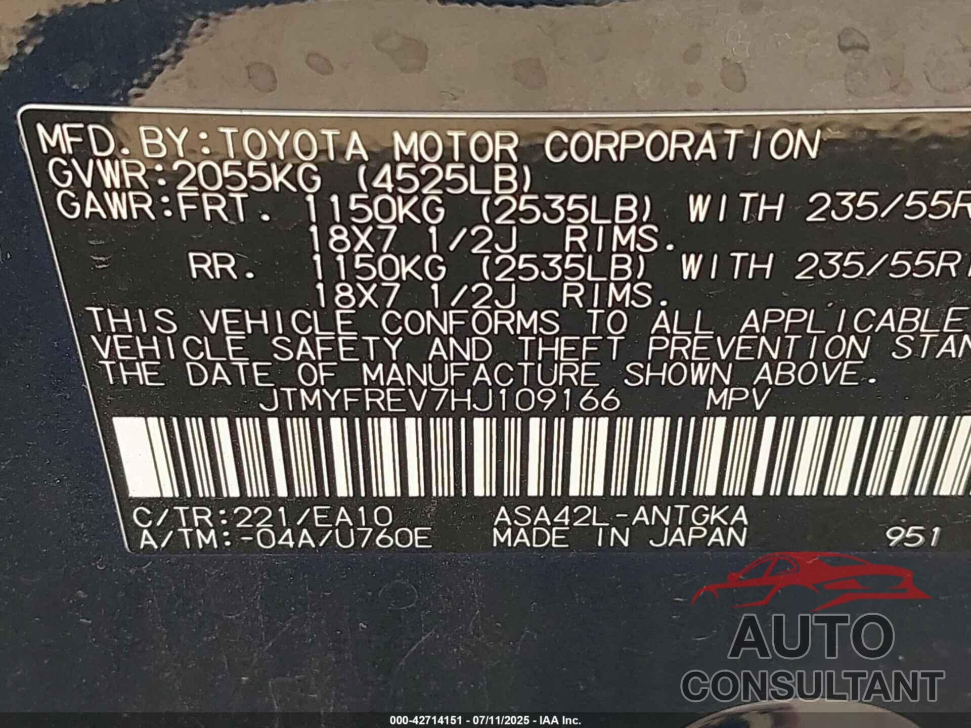 TOYOTA RAV4 2017 - JTMYFREV7HJ109166