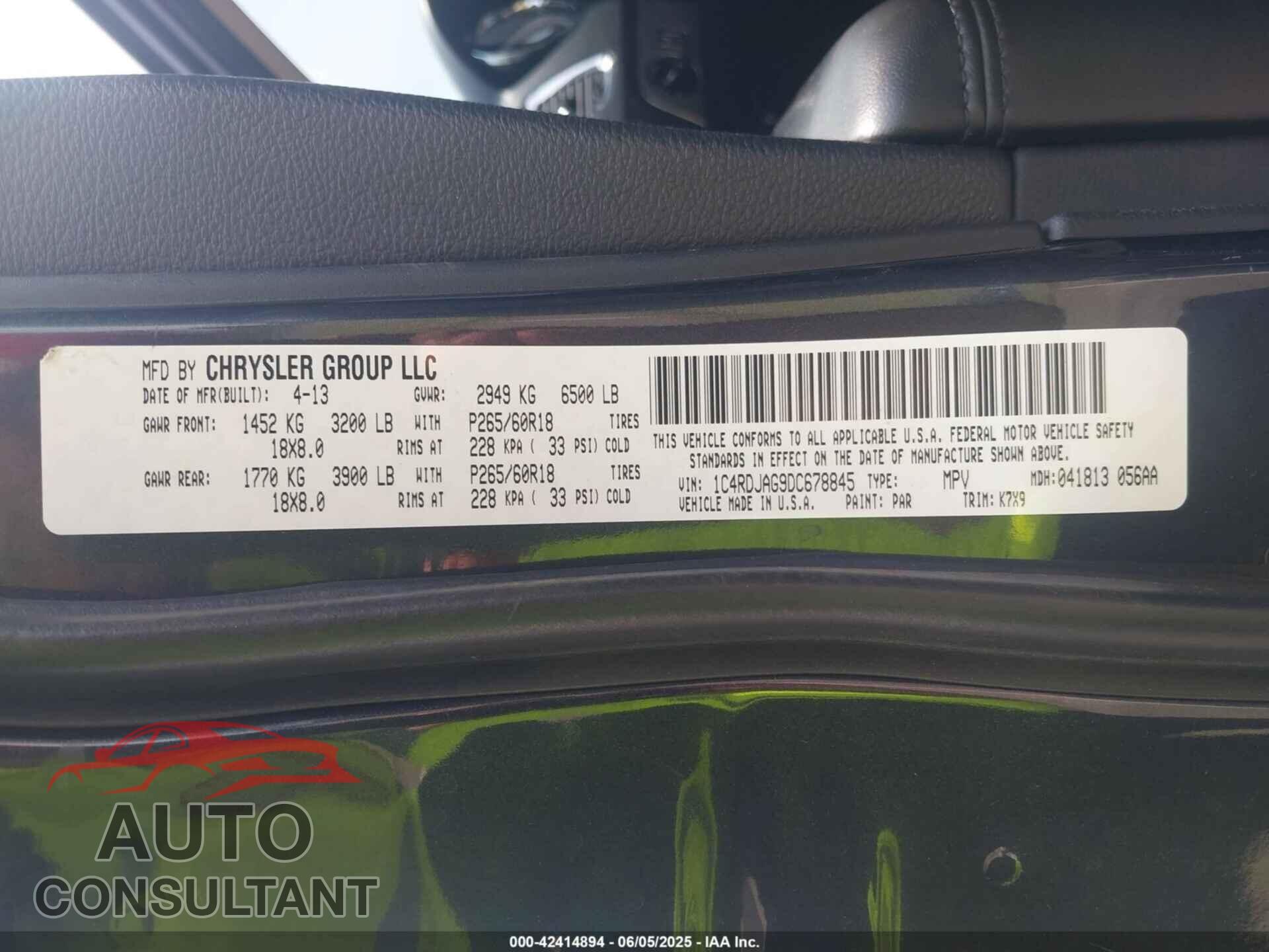 DODGE DURANGO 2013 - 1C4RDJAG9DC678845