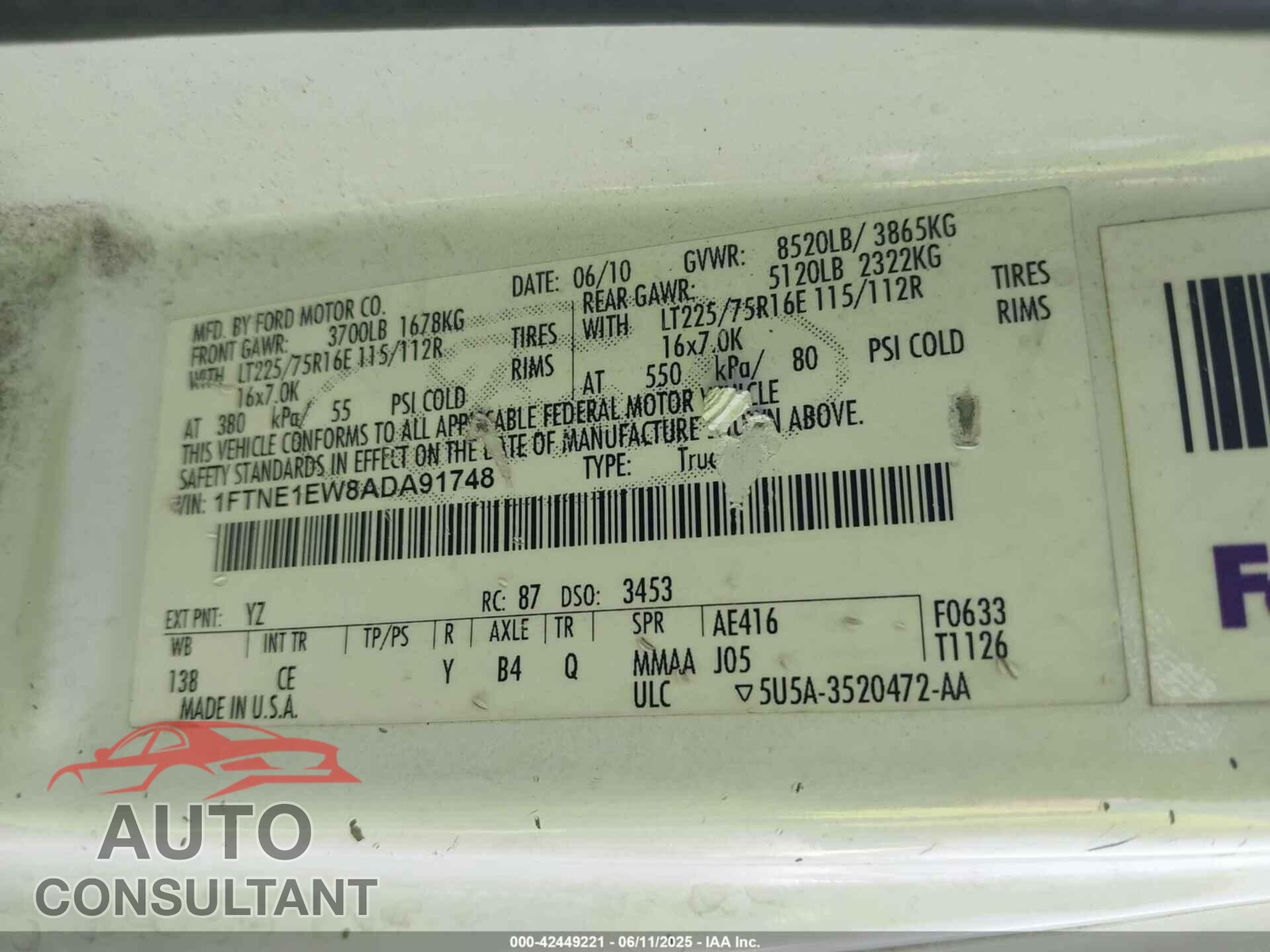 FORD E-150 2010 - 1FTNE1EW8ADA91748