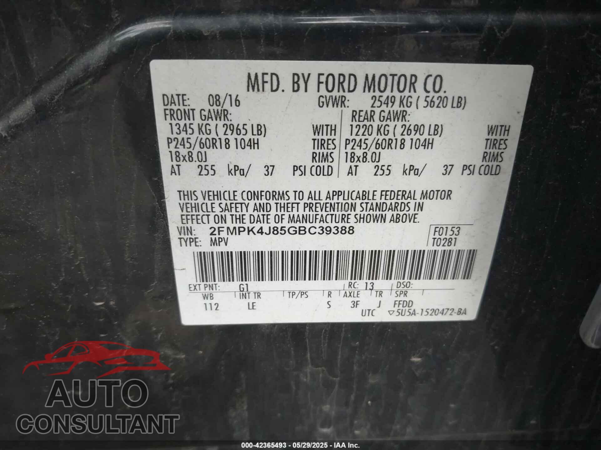FORD EDGE 2016 - 2FMPK4J85GBC39388
