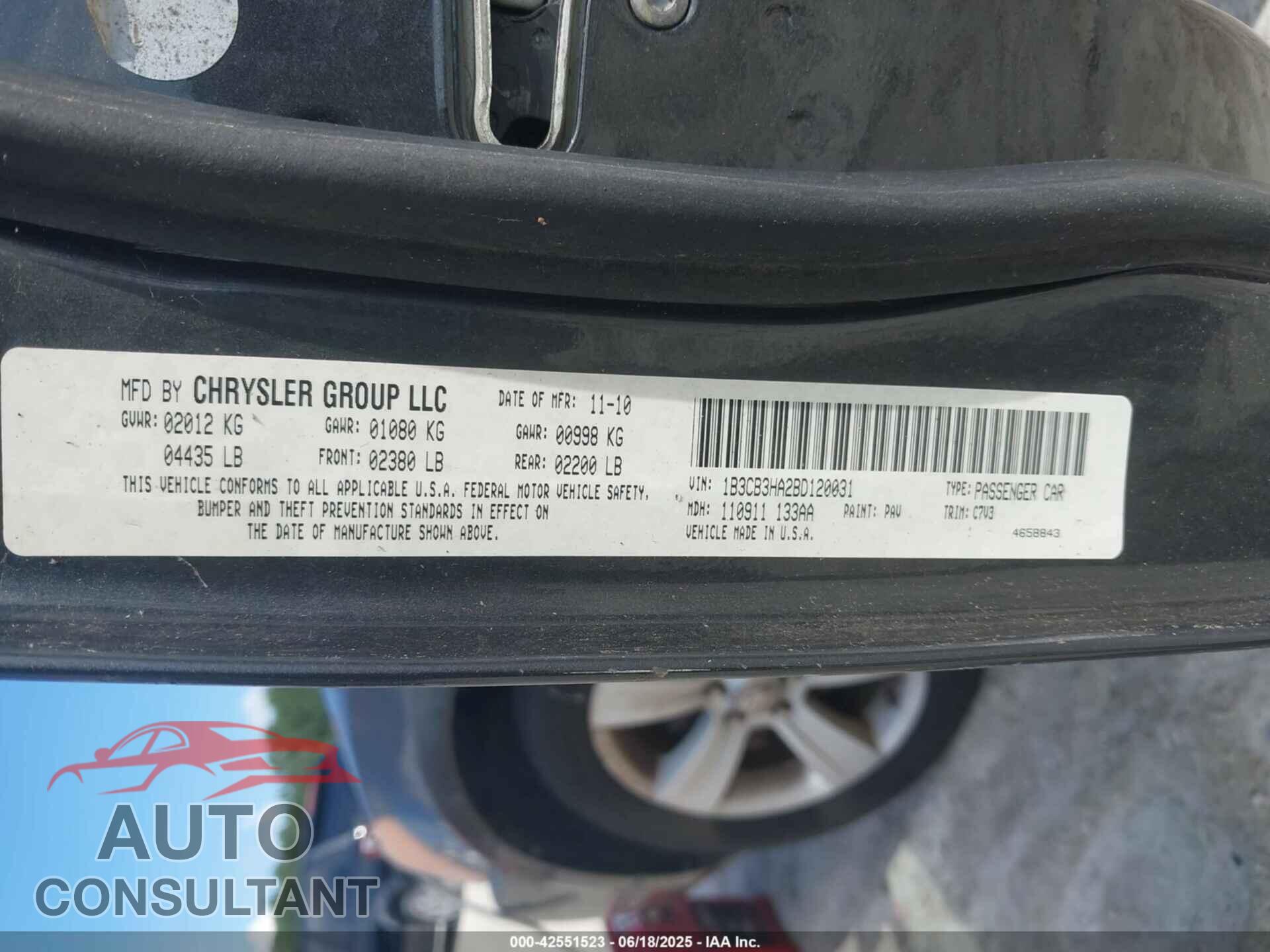 DODGE CALIBER 2011 - 1B3CB3HA2BD120031