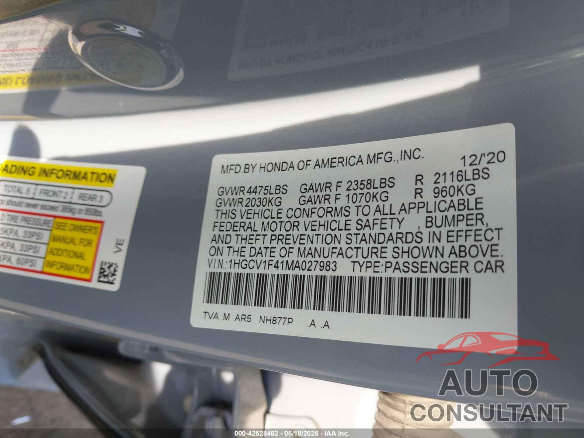 HONDA ACCORD 2021 - 1HGCV1F41MA027983