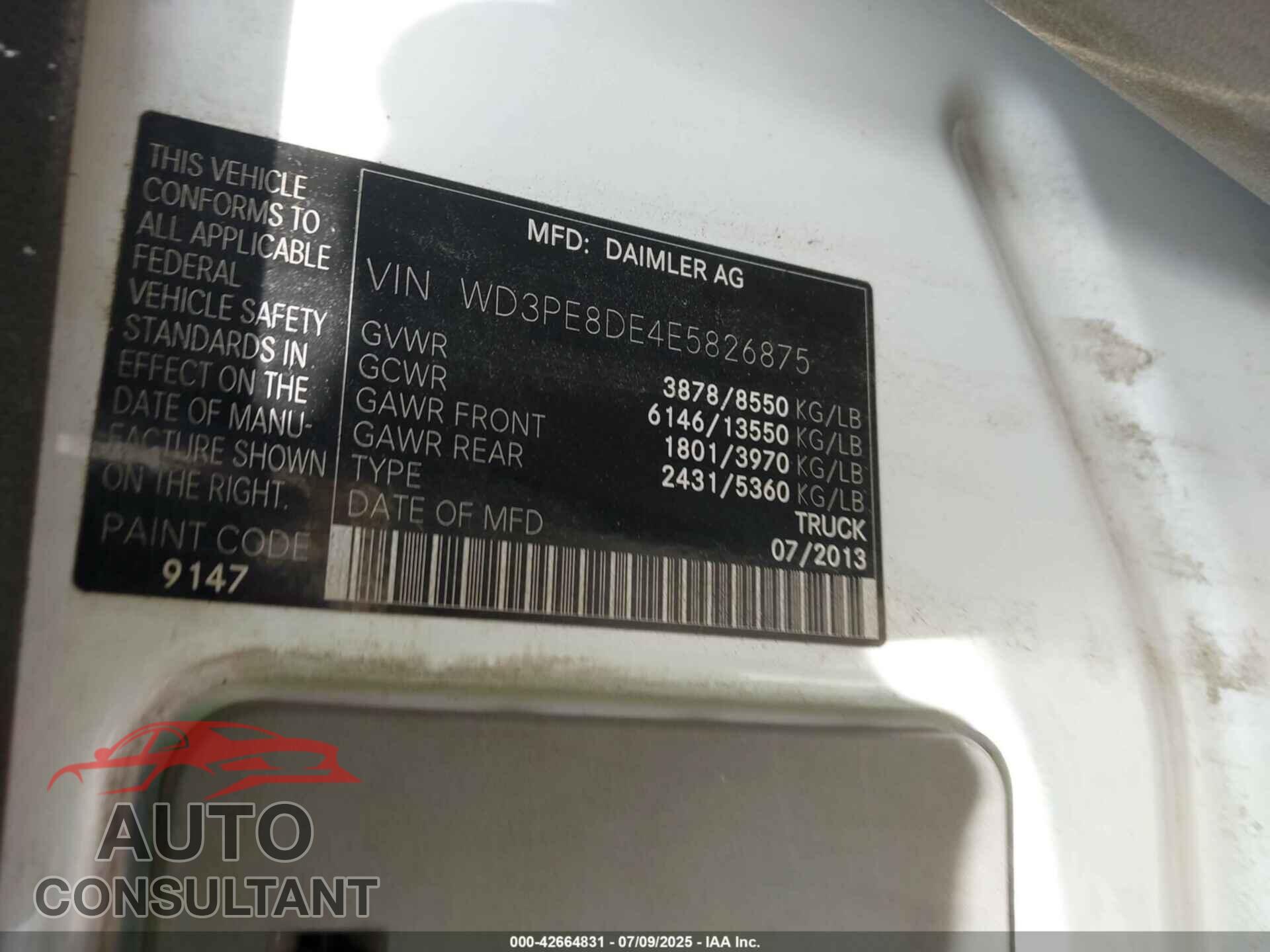 MERCEDES-BENZ SPRINTER 2500 2014 - WD3PE8DE4E5826875