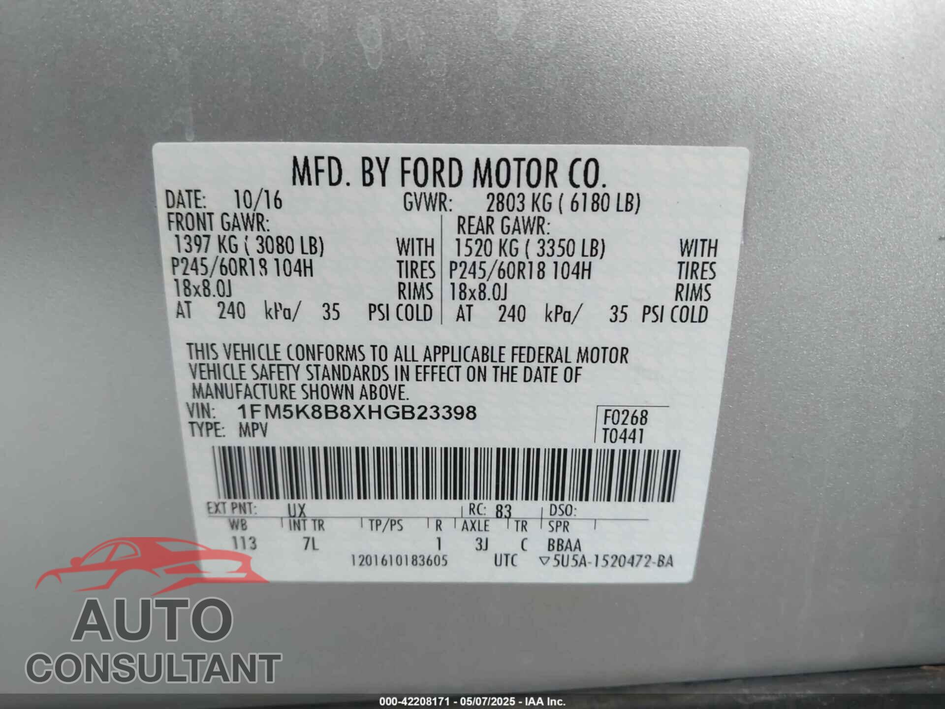 FORD EXPLORER 2017 - 1FM5K8B8XHGB23398