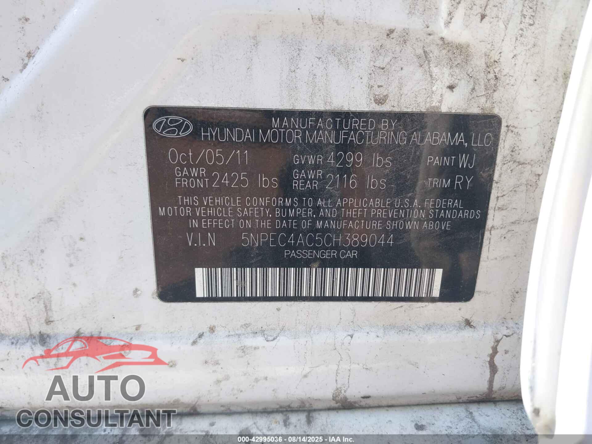 HYUNDAI SONATA 2012 - 5NPEC4AC5CH389044