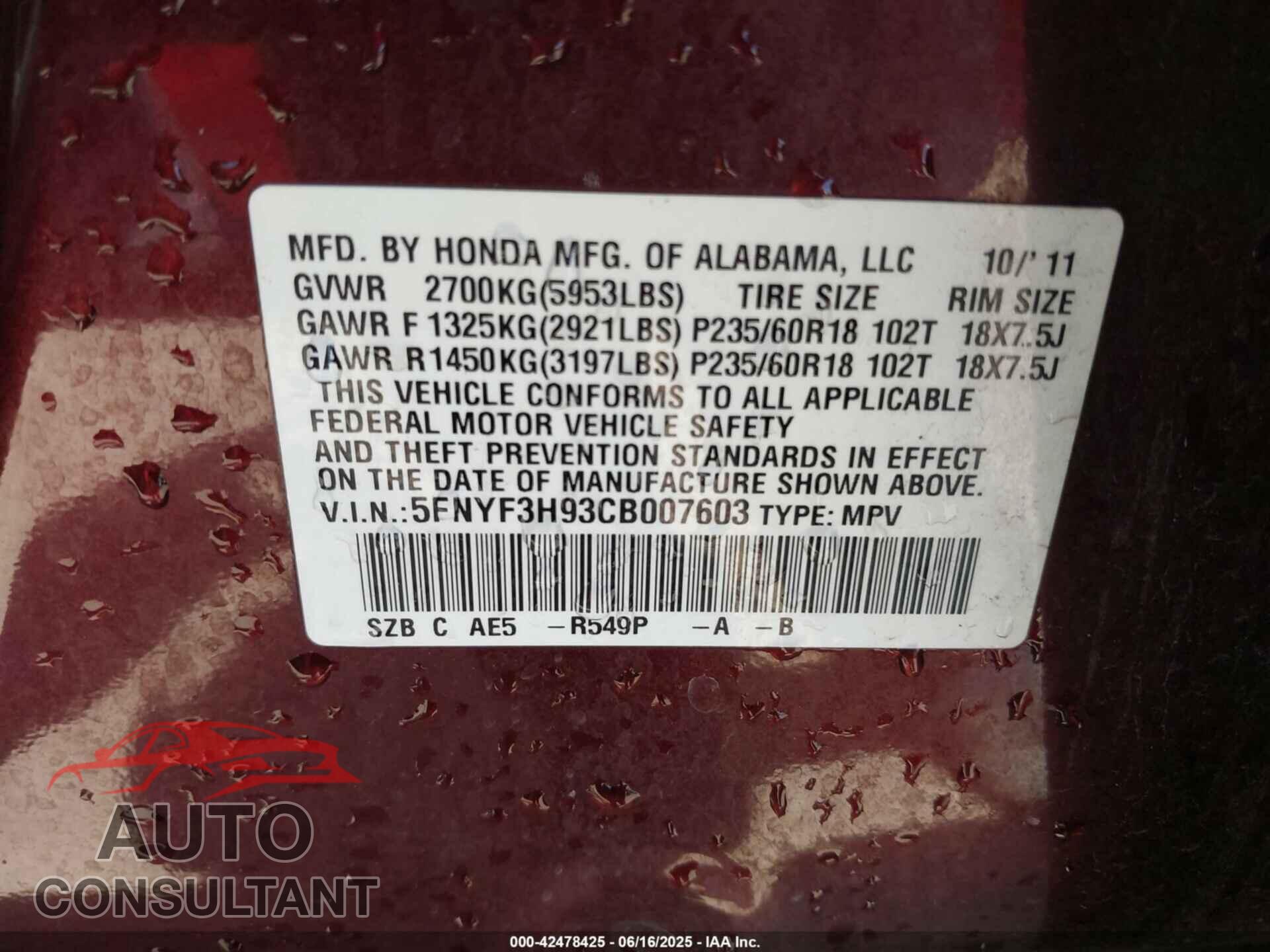HONDA PILOT 2012 - 5FNYF3H93CB007603